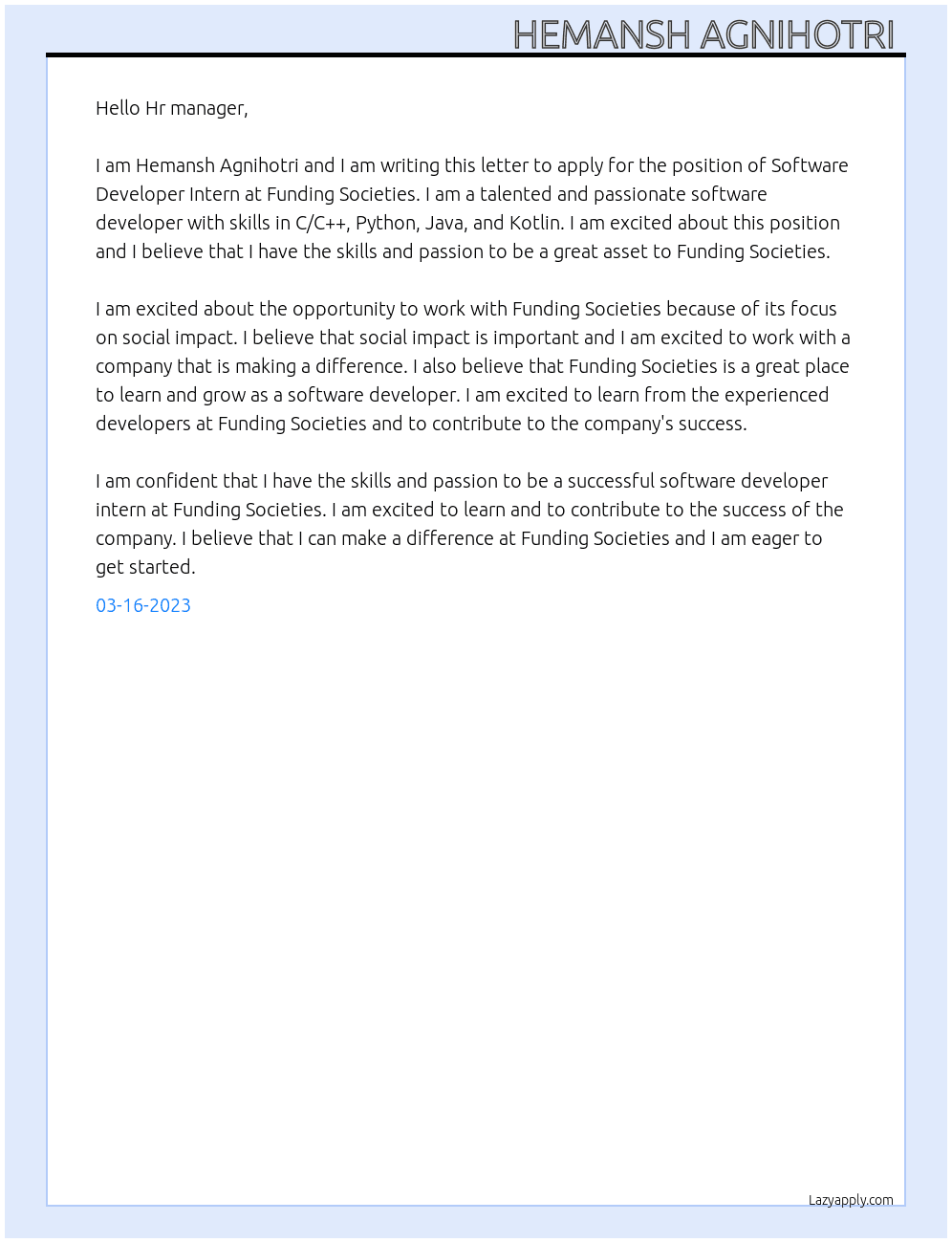 Software Developer Intern At Funding Societies  Cover Letter