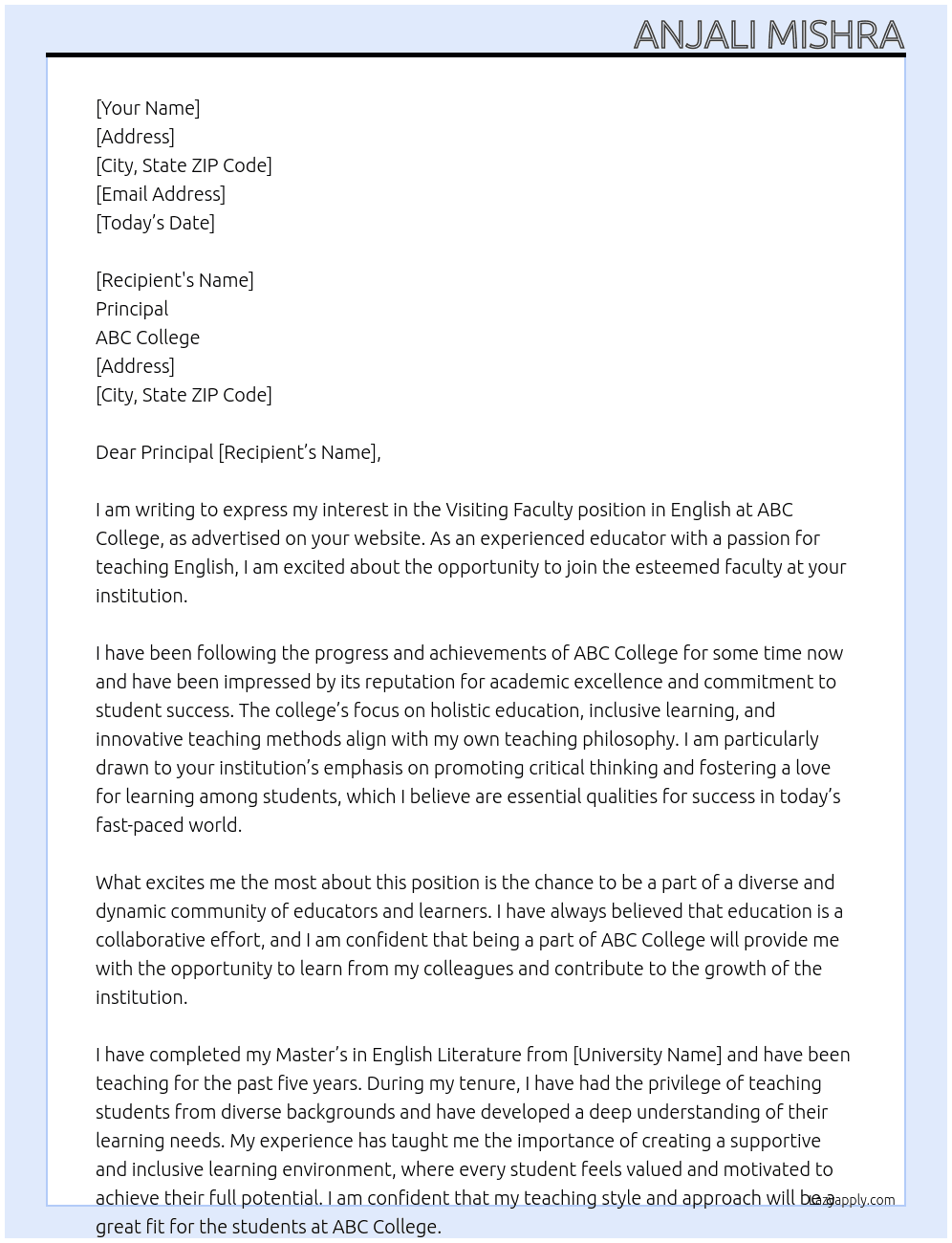 Visiting faculty in English  At Abc college  Cover Letter