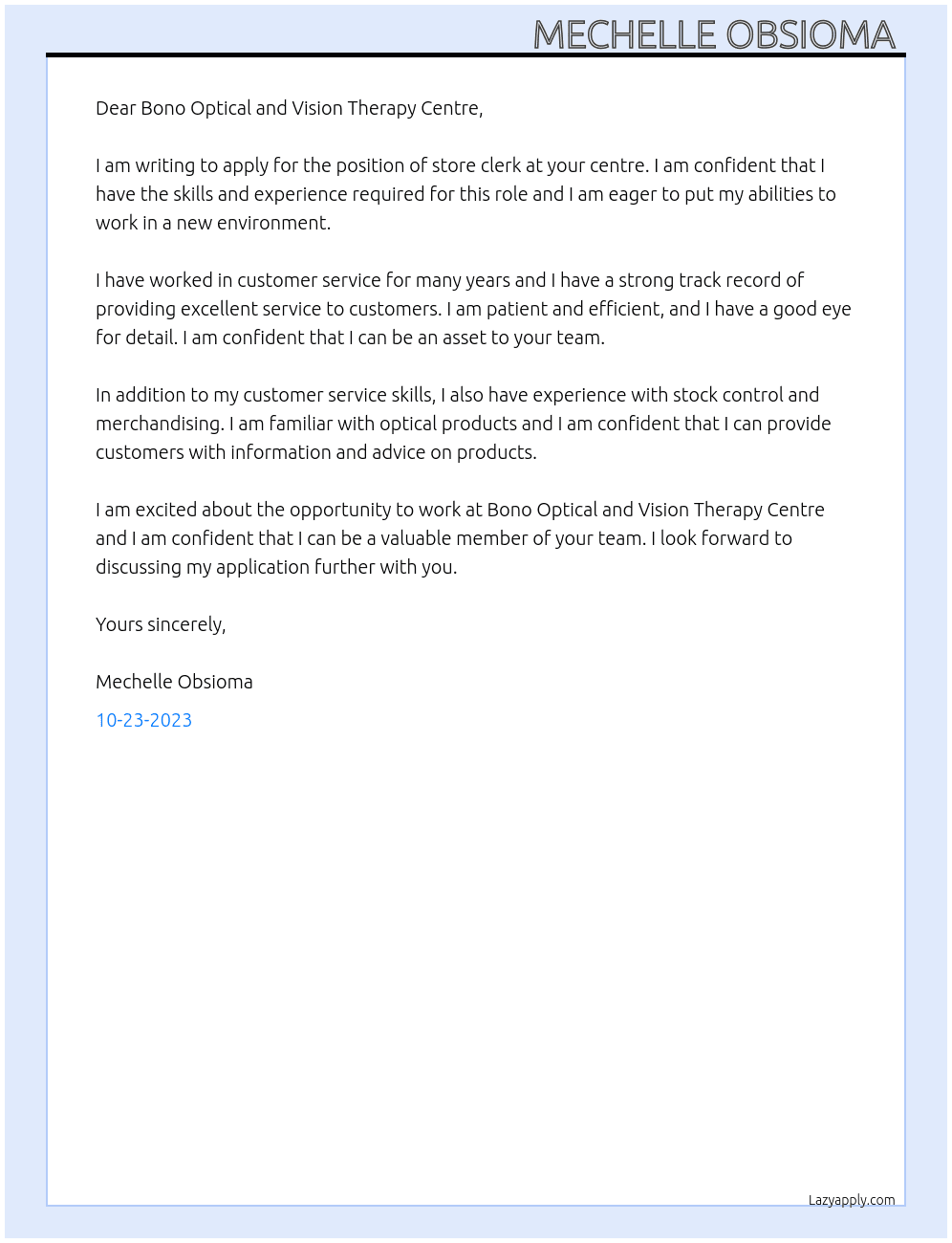 Store clerk At Bono Optical and Vision Therapy Centre Cover Letter