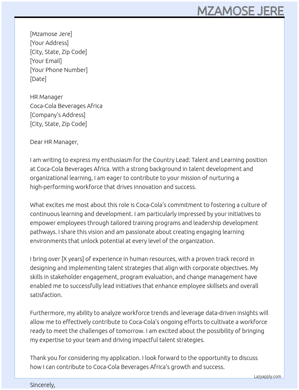 country lead: Talent and Learning At coca cola beverage africa Cover Letter