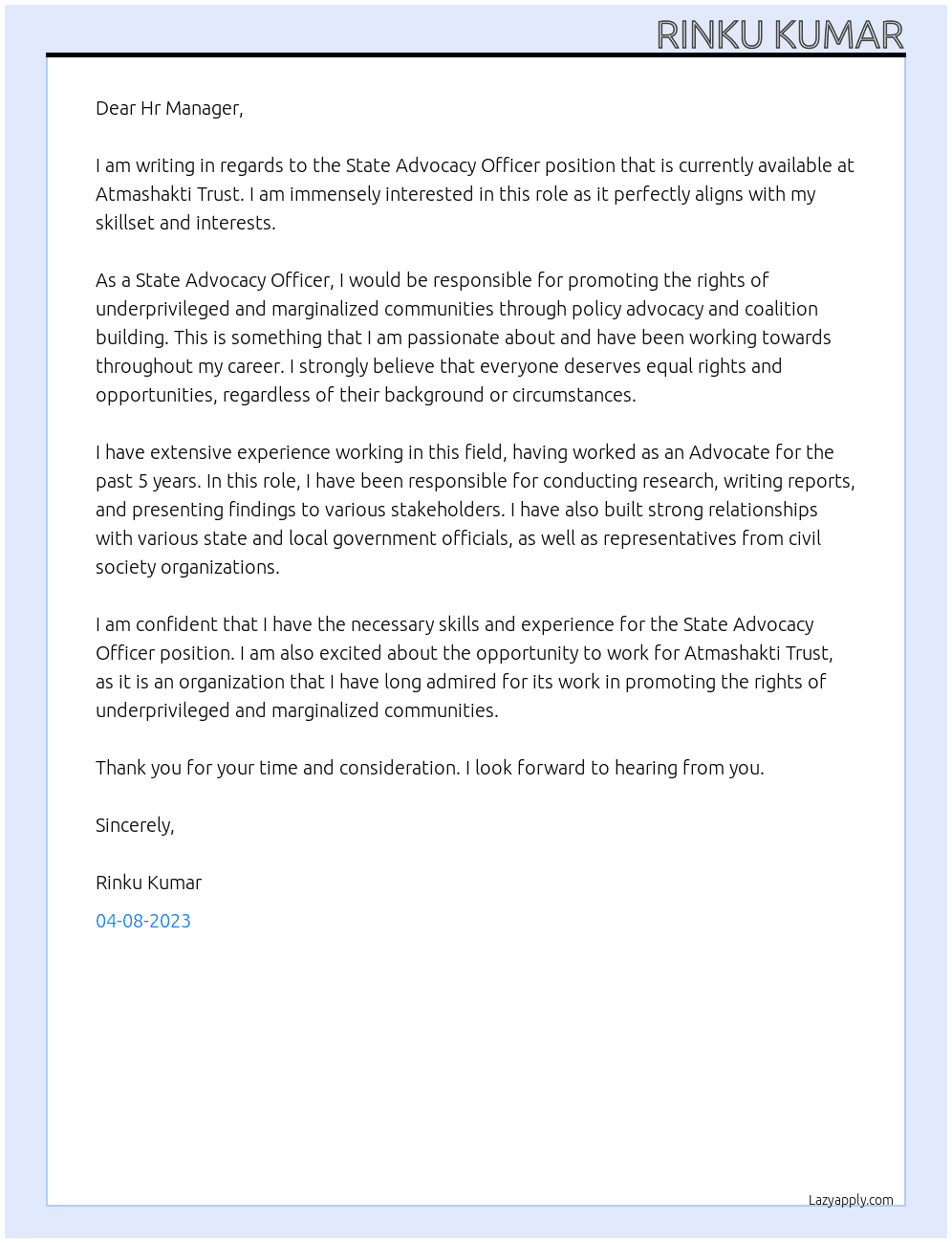State Advocacy Officer At Atmashakti Trust Cover Letter