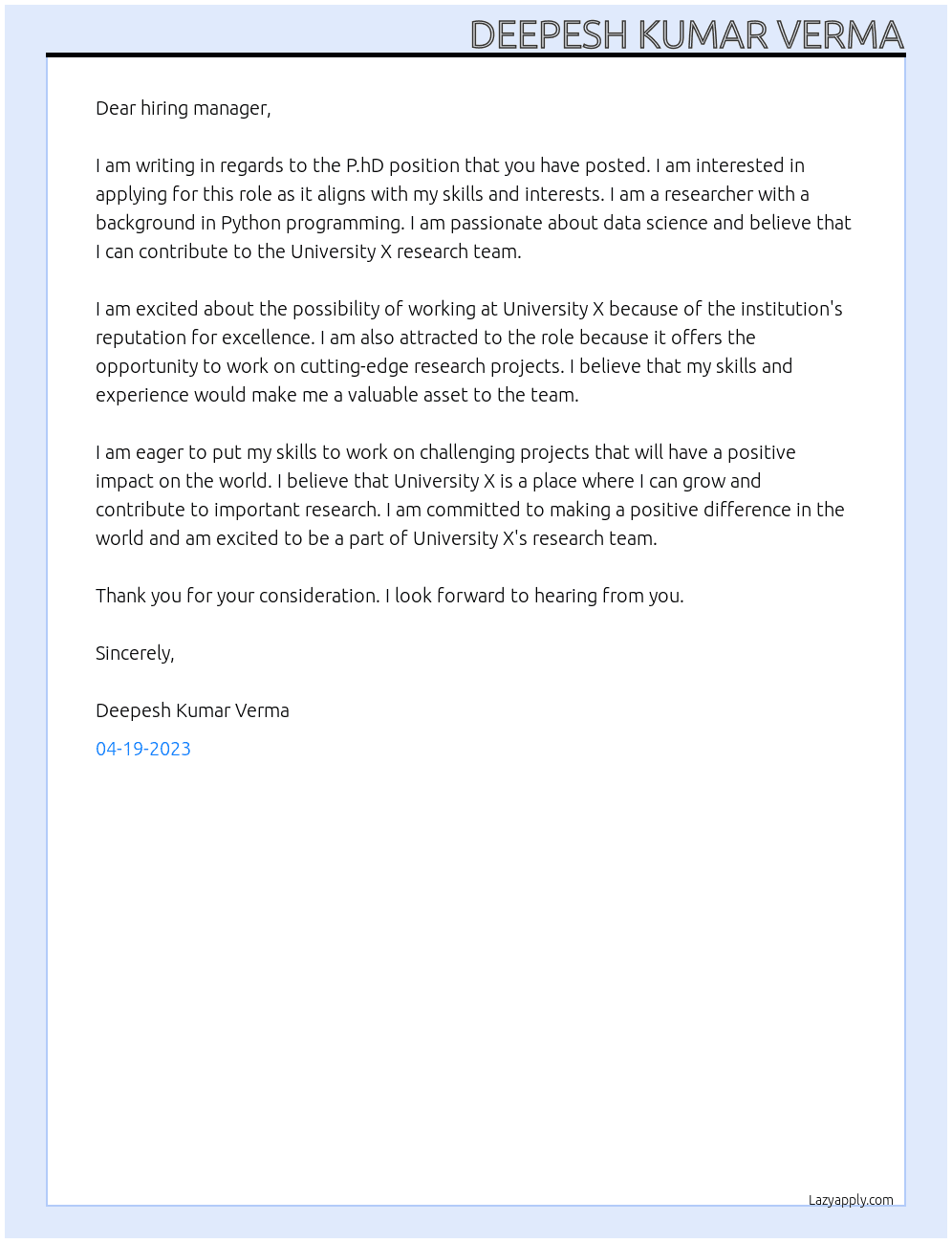 P.hD position At University X Cover Letter