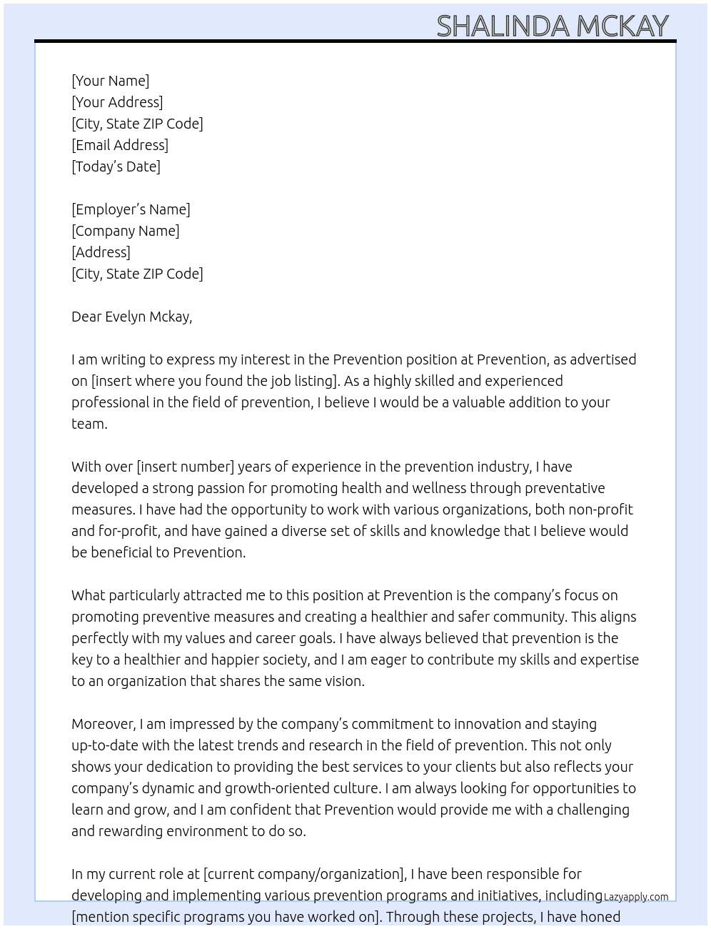 Prevention  At Prevention  Cover Letter