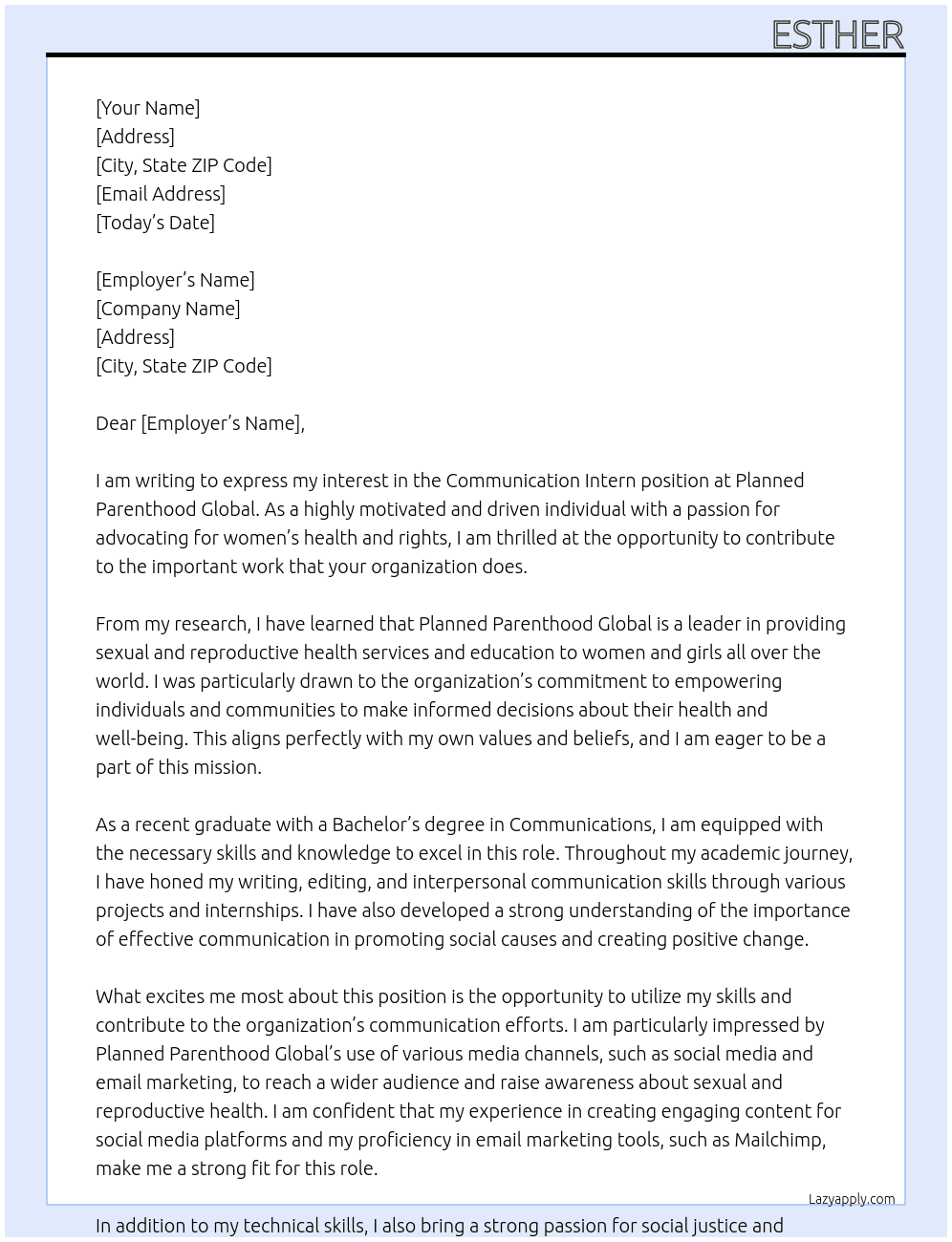 communication intern At planned parenthood global Cover Letter