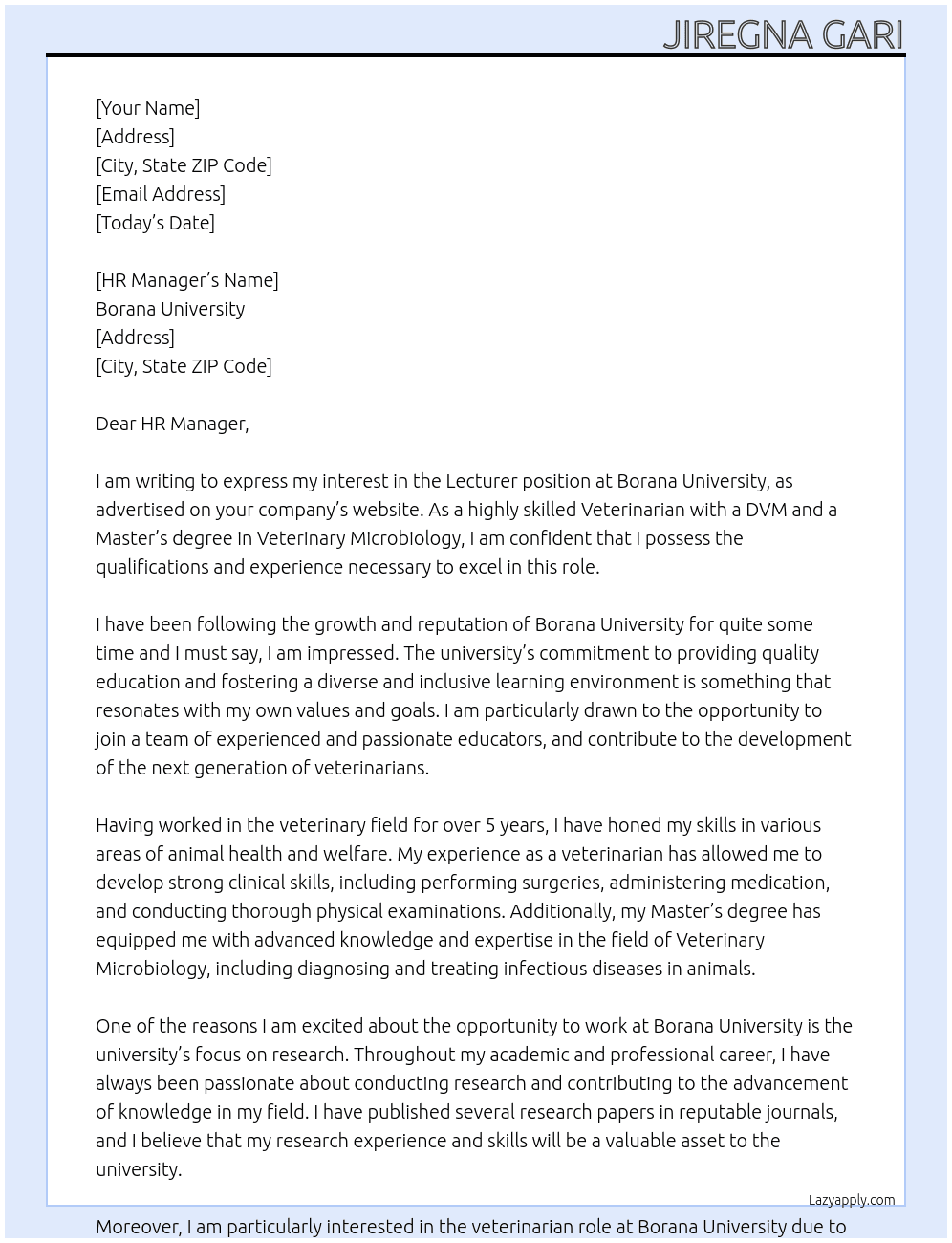 Lecturer  At Borana University Cover Letter