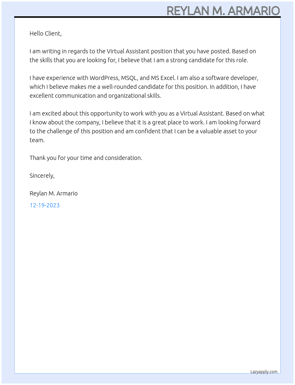 Virtual Assistant At Job Posted Cover Letter