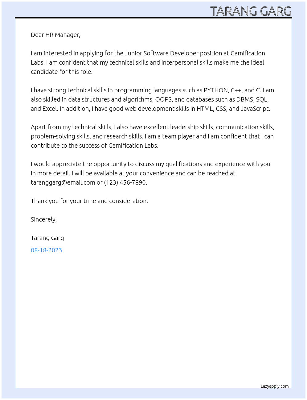 Junior Software Developer At Gamification Labs Cover Letter