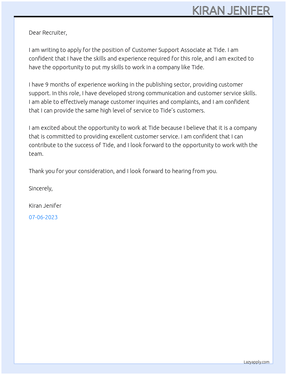 Customer support Associate At Tide Cover Letter