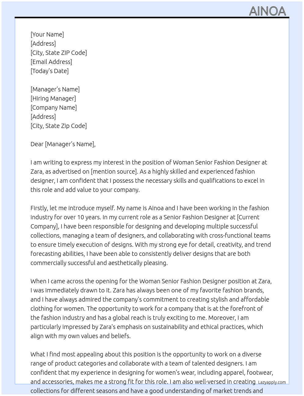woman senior fashion designer At zara Cover Letter