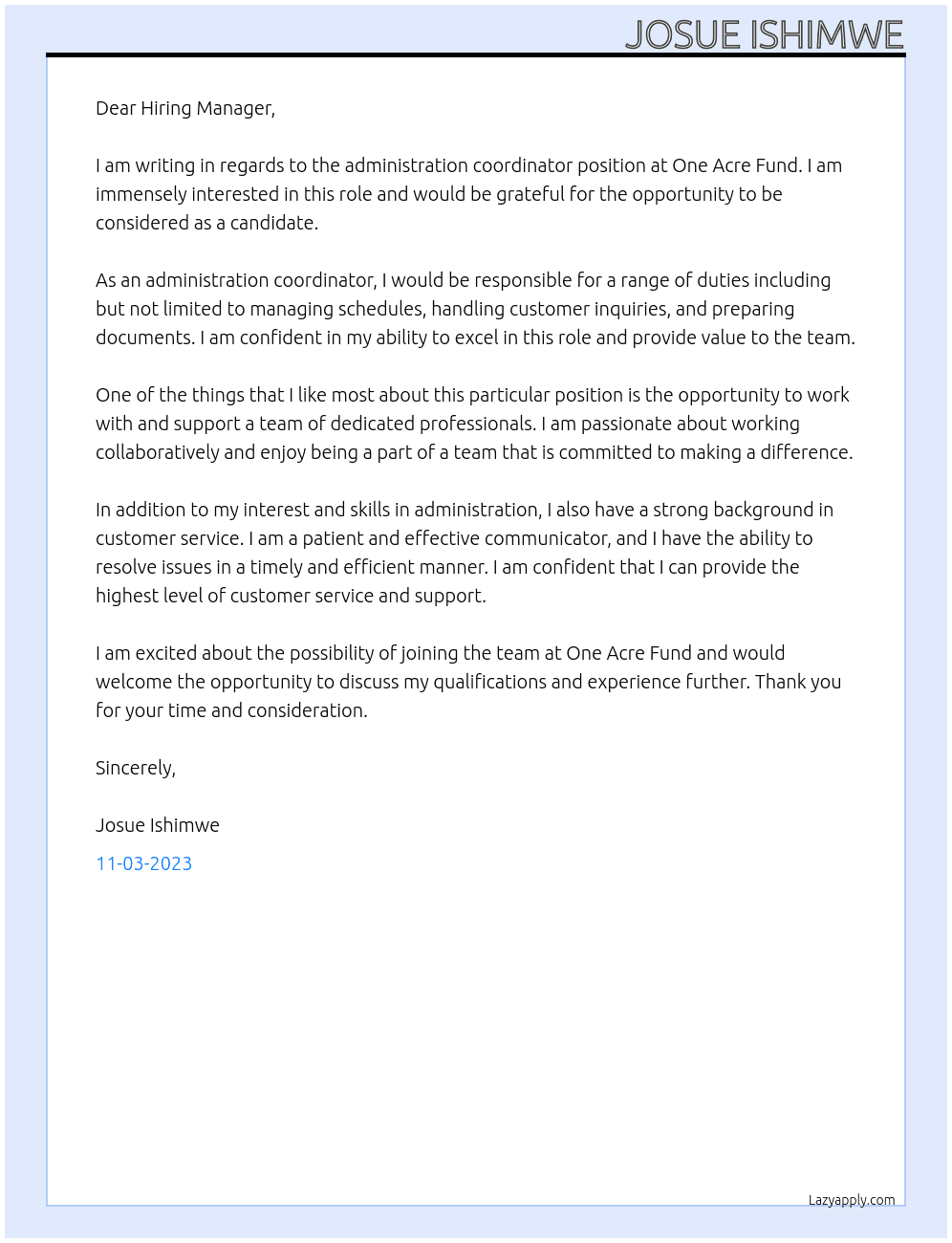 Administration coordinator At One Acre Fund Cover Letter