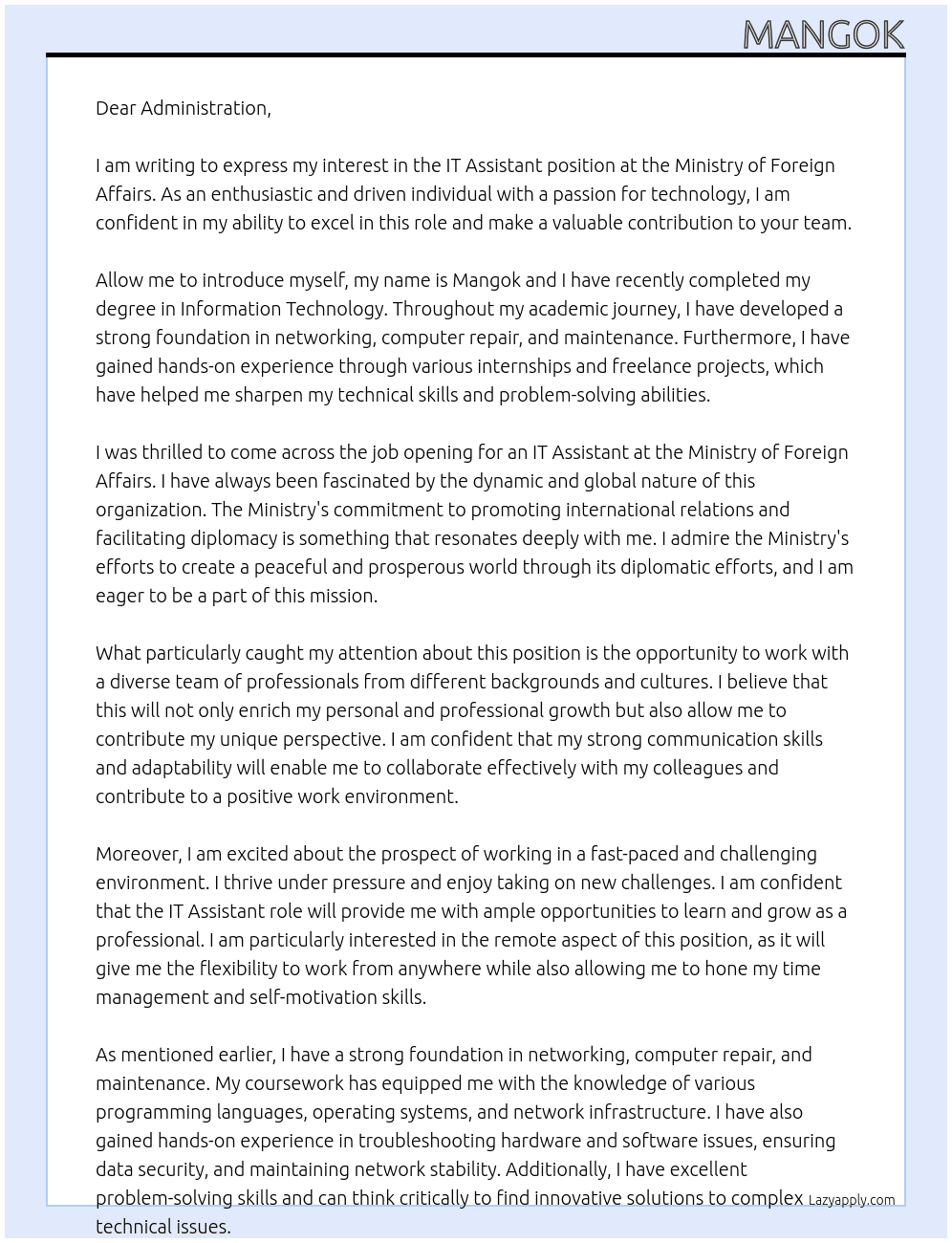 IT assistant  At Ministry of Foreign affairs  Cover Letter