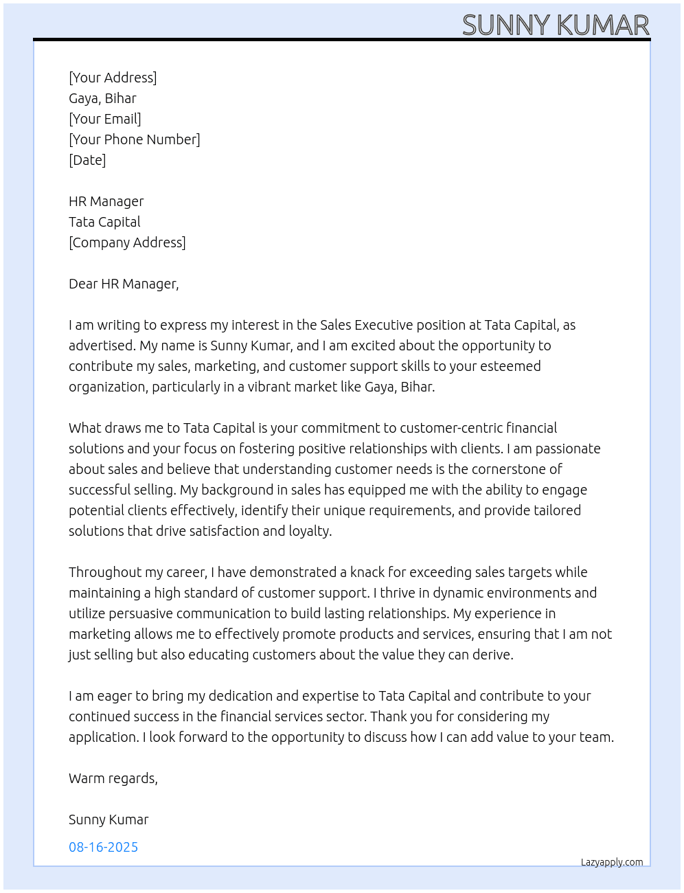 Sales executive  At Tata Capital  Cover Letter