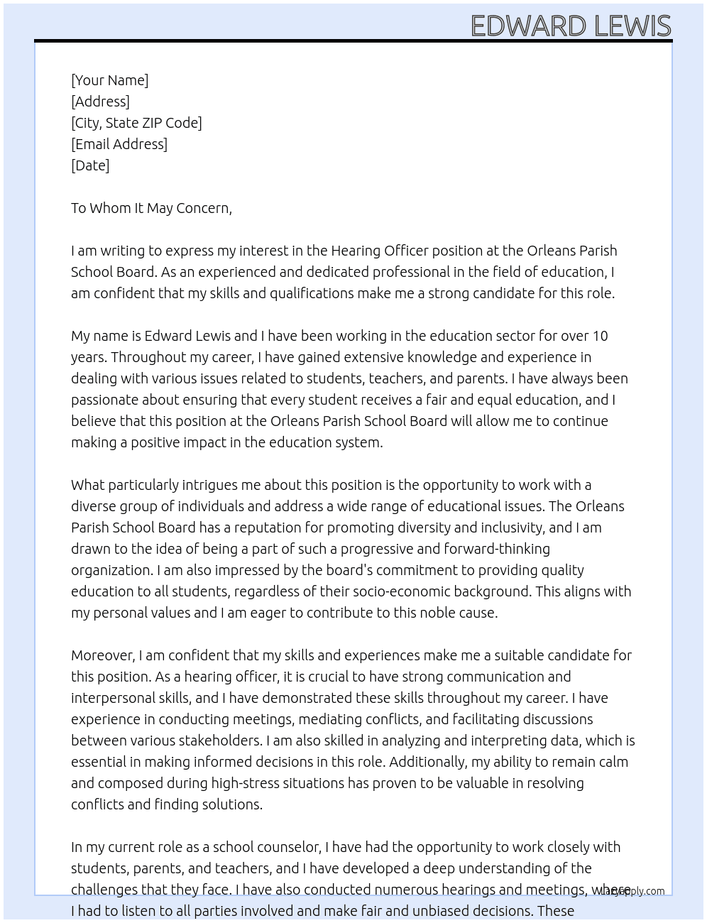 Hearin Officer At Orleans Parish School Board Cover Letter