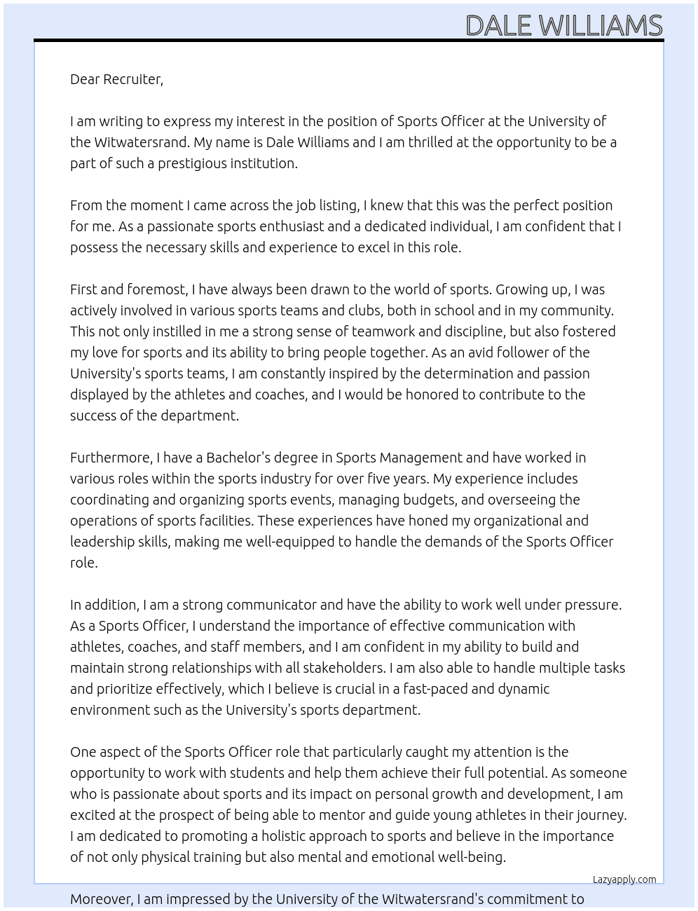 Sports Officer At University of the Witwatersrand Cover Letter