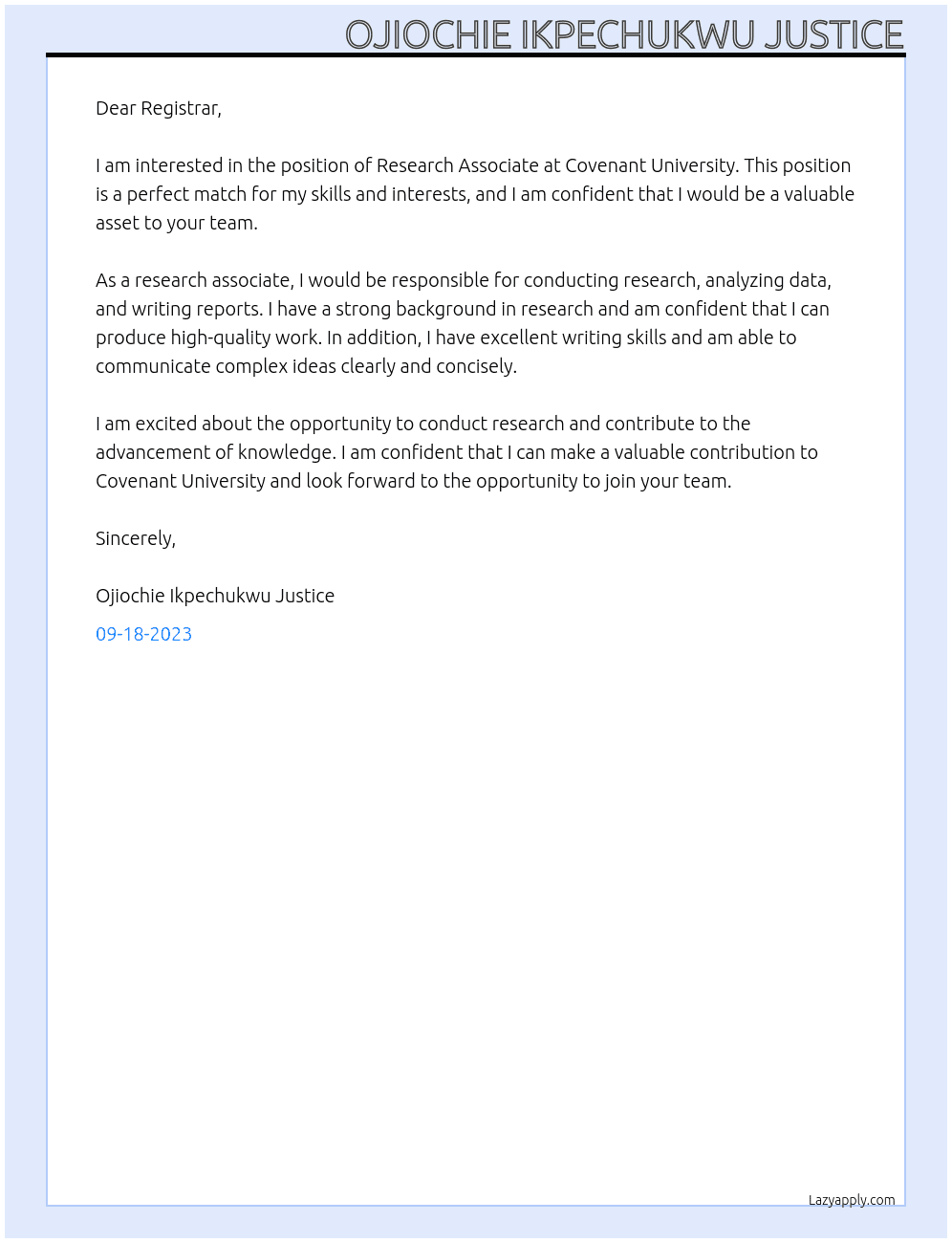 Research Associate At Covenant University Cover Letter
