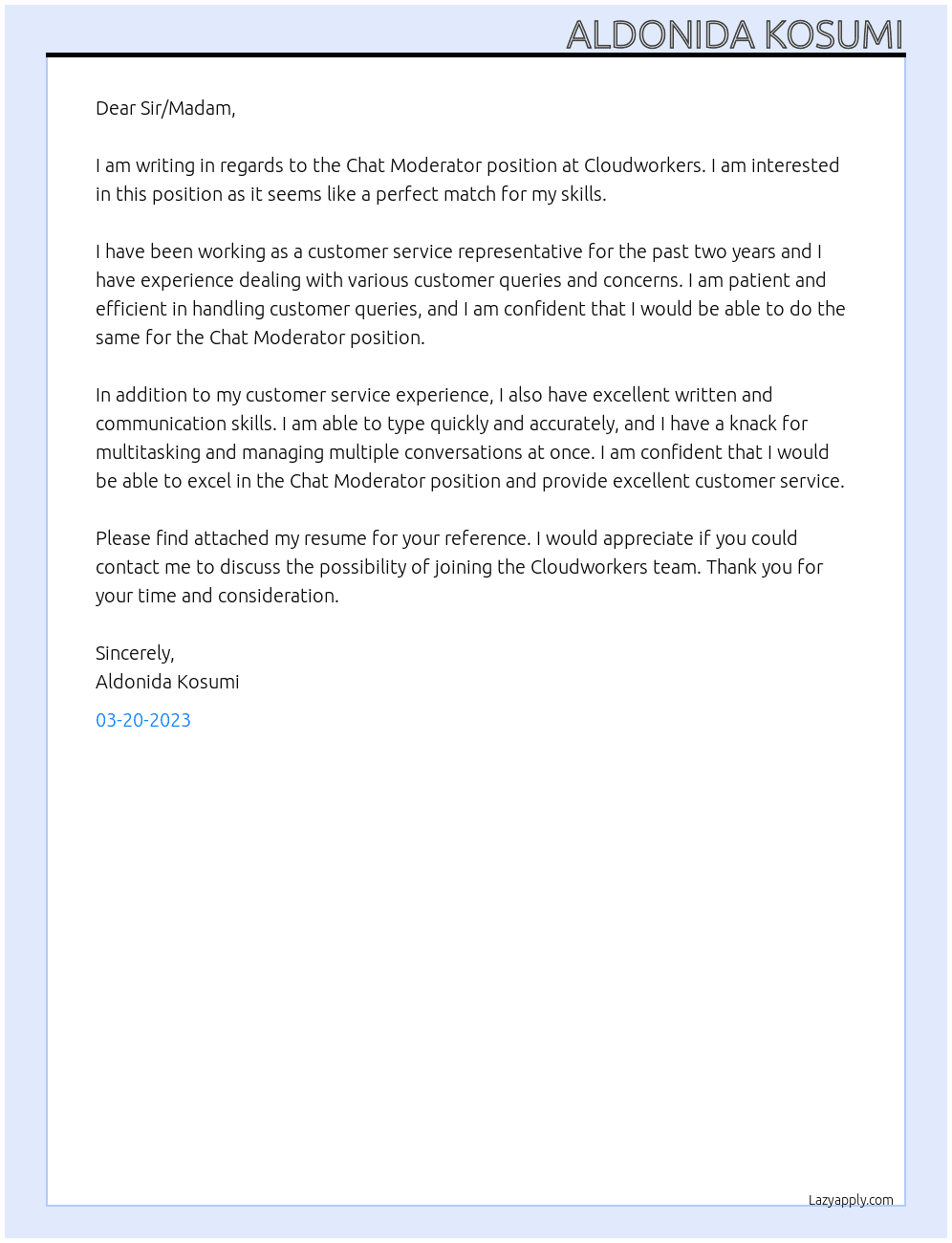 Chat moderator At Cloudworkers Cover Letter