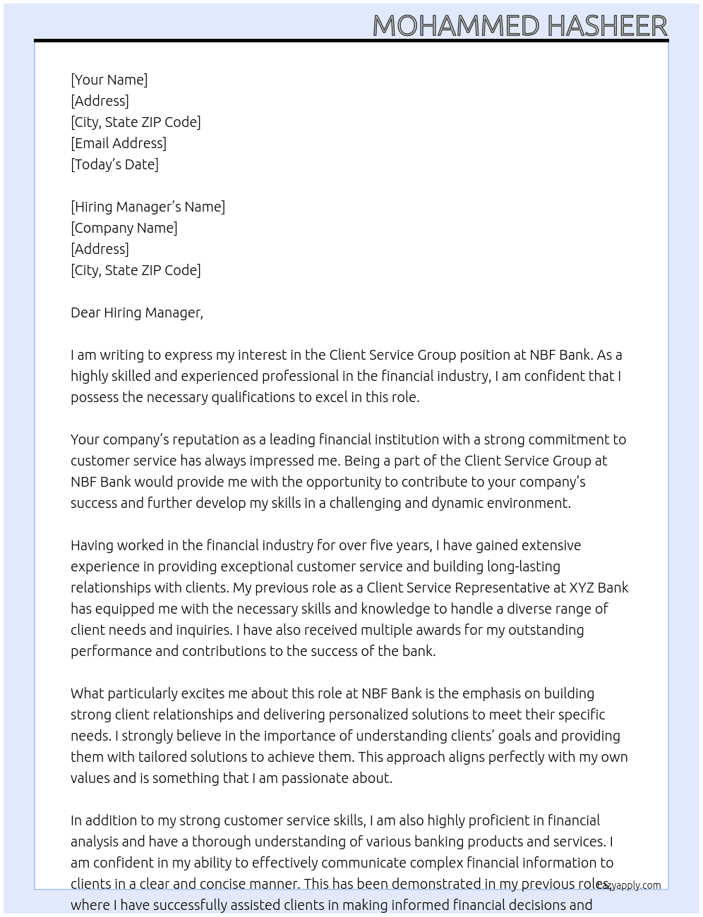 Client service group At Nbf bank  Cover Letter