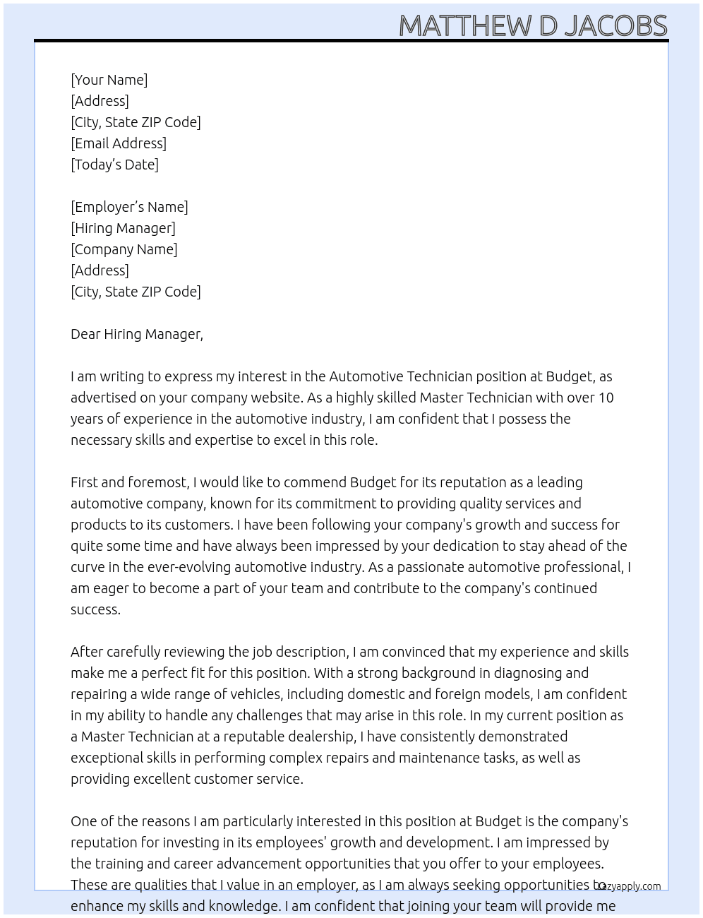 Automotive Technician  At Budget Cover Letter