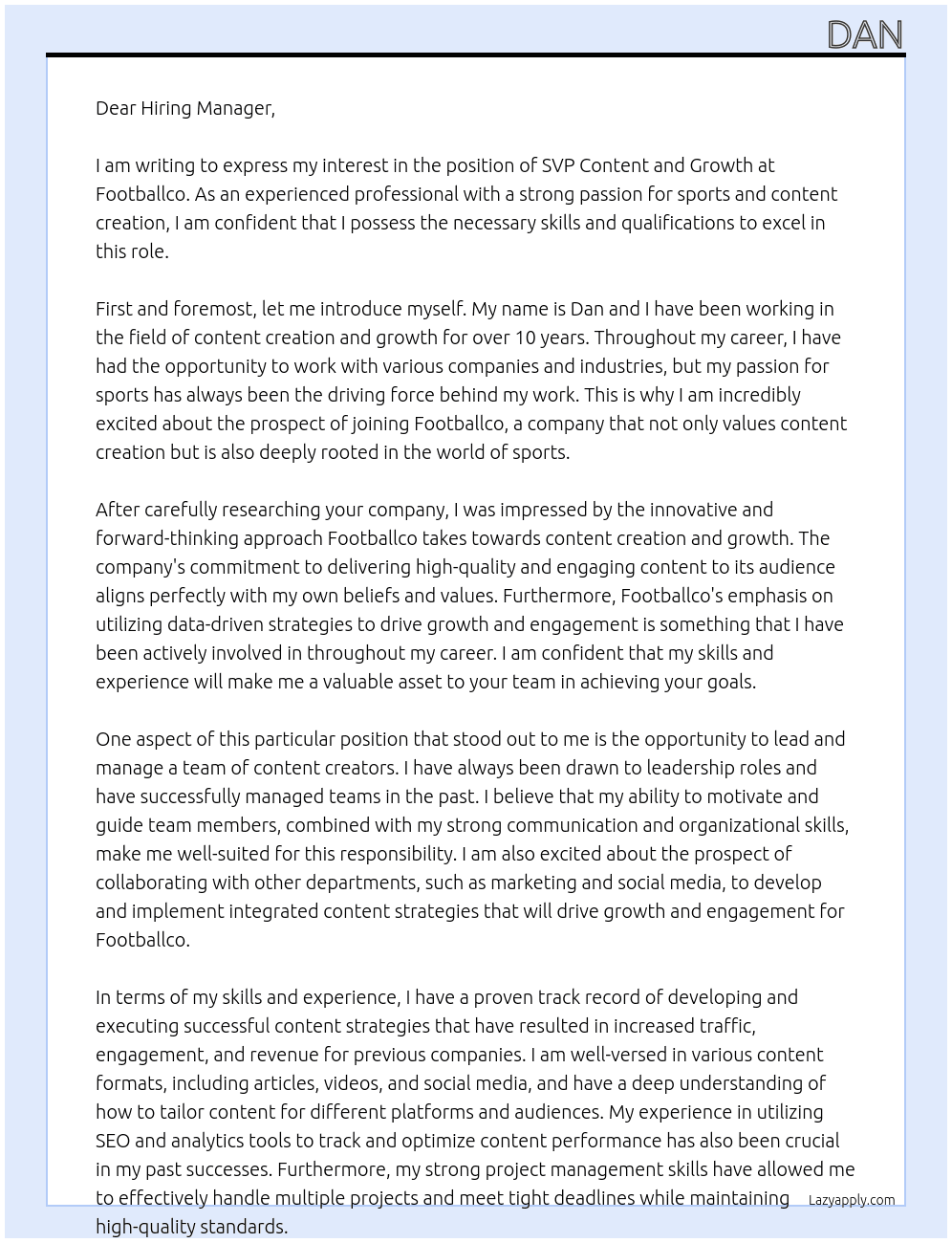 SVP CONTENT AND GROWTH At Footballco Cover Letter