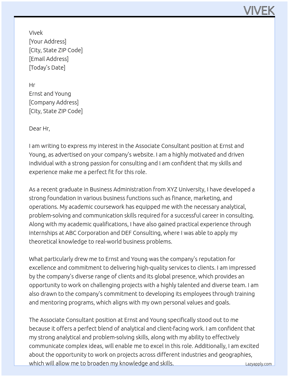 Associate consultant  At Ernst and young  Cover Letter