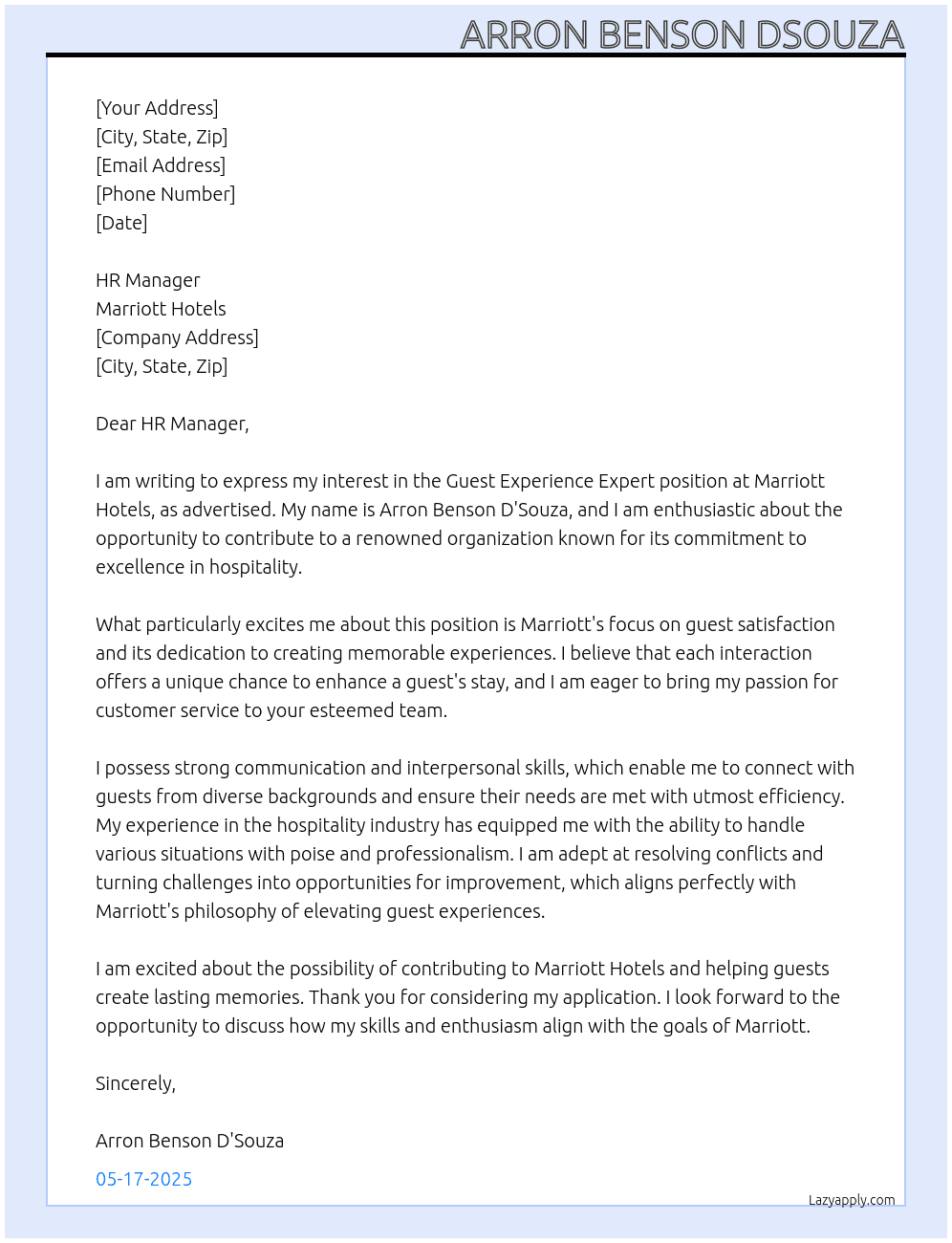 Guest Experience Expert At Marriot Hotels Cover Letter