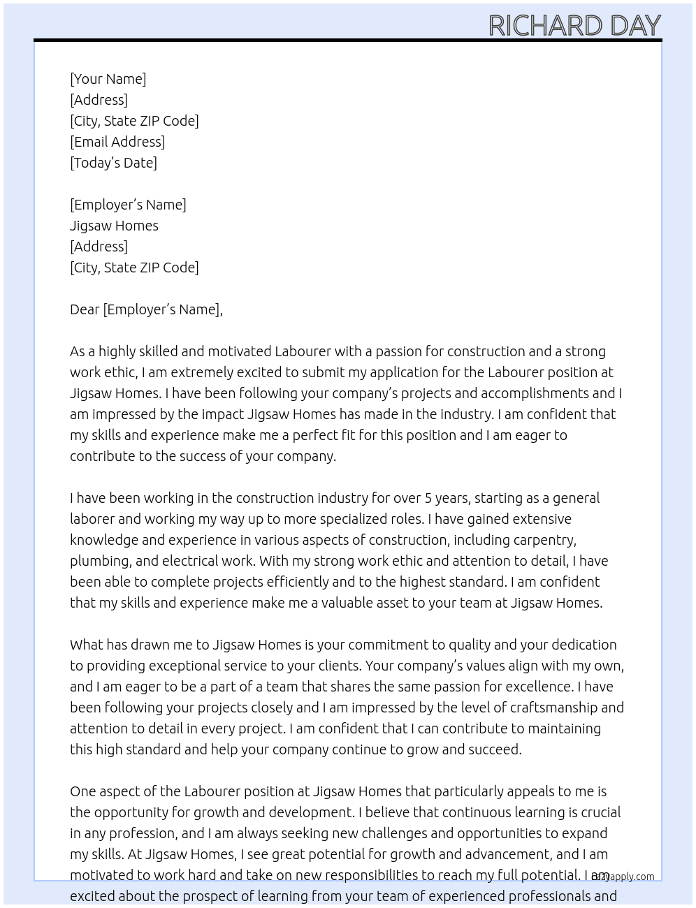 Labourer At Jigsaw Homes Cover Letter
