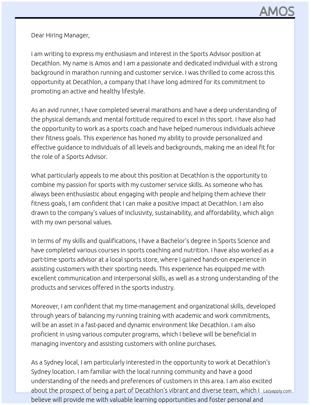 Sports Advisor At Decathlon Cover Letter