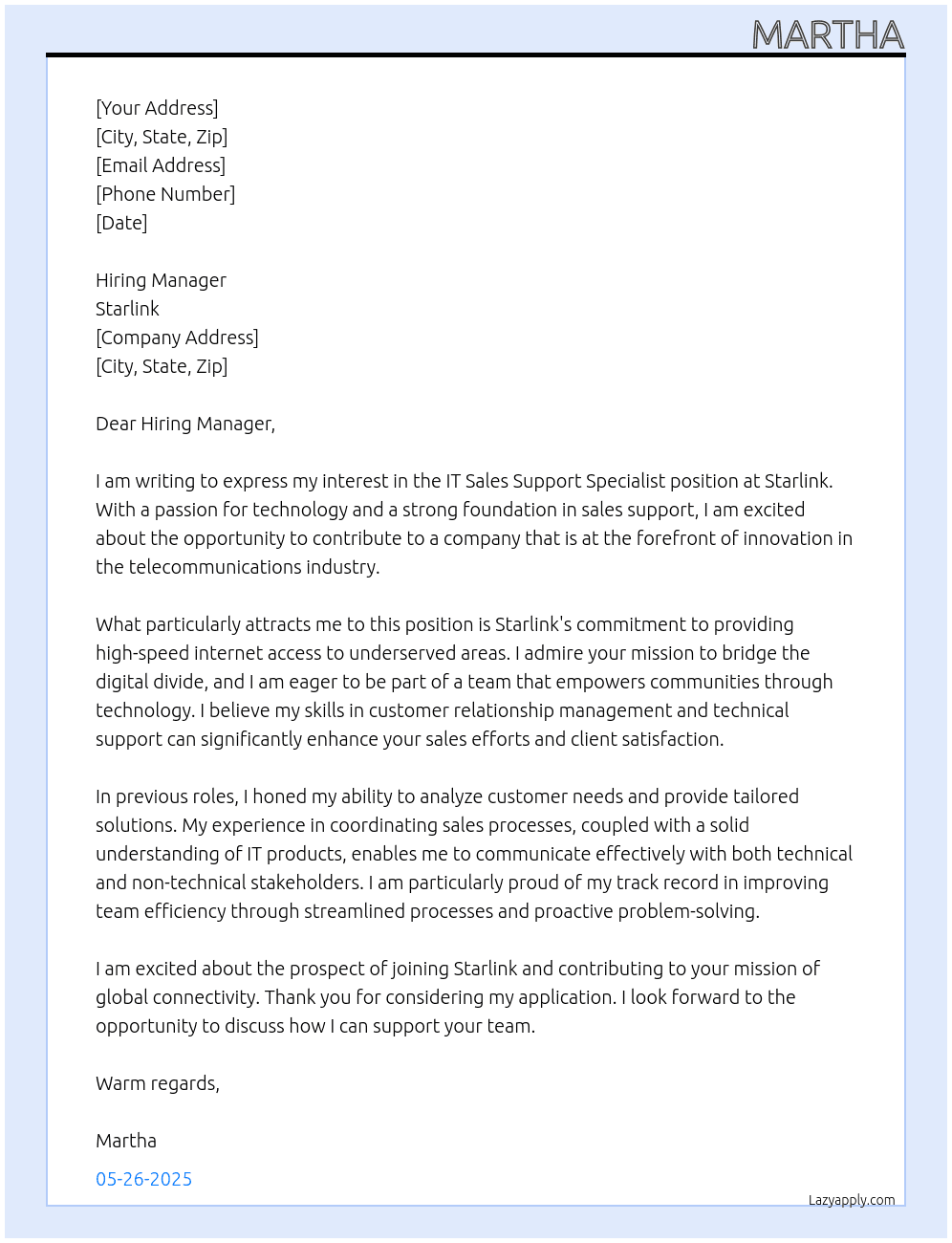 IT Sales Support Specialist At Starlink Cover Letter
