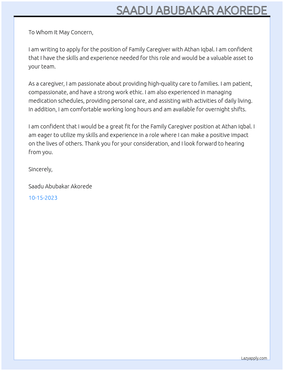 Family Caregiver At Athan Iqbal Cover Letter