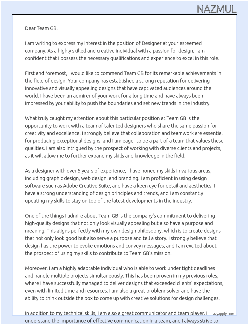 designer At team gb Cover Letter