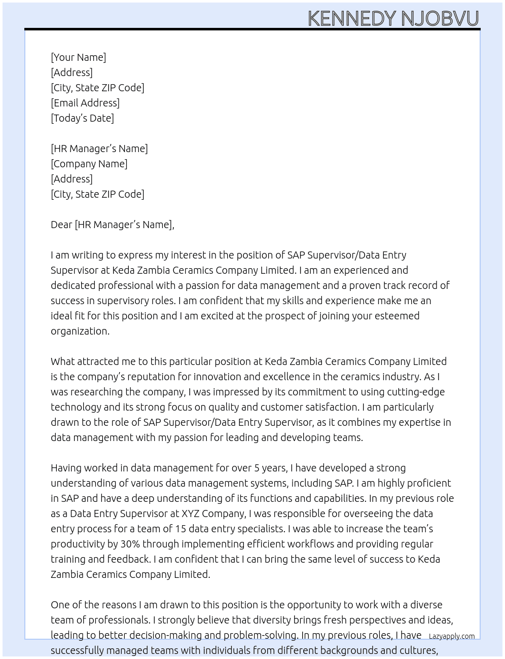 SAP Supervisor/Data Entry Supervisor At Keda Zambia Ceramics Company Limited Cover Letter