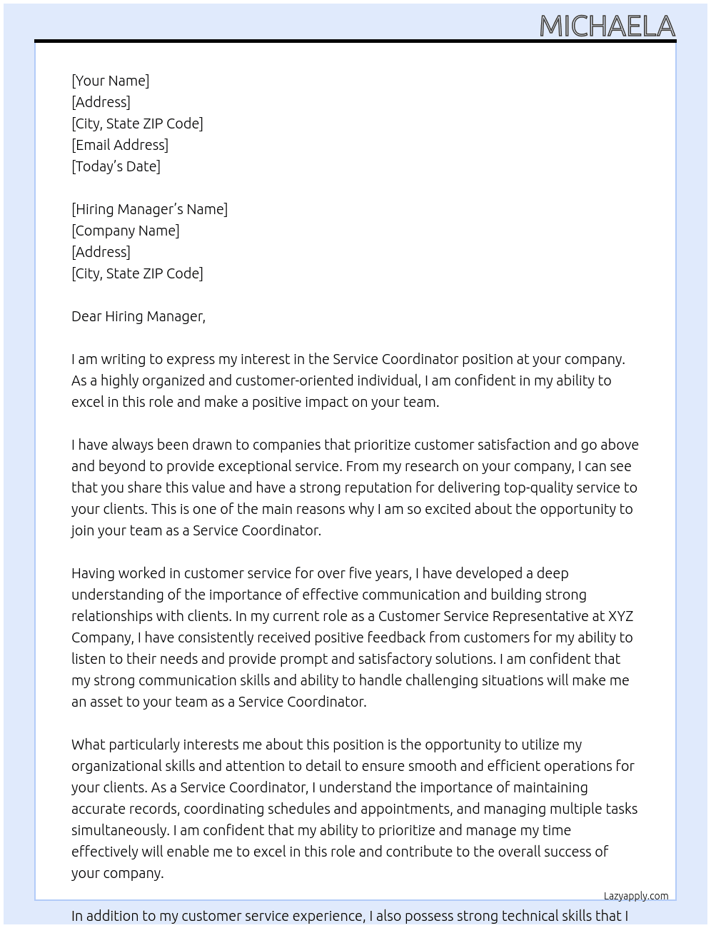 Service Coordinator  At None Cover Letter