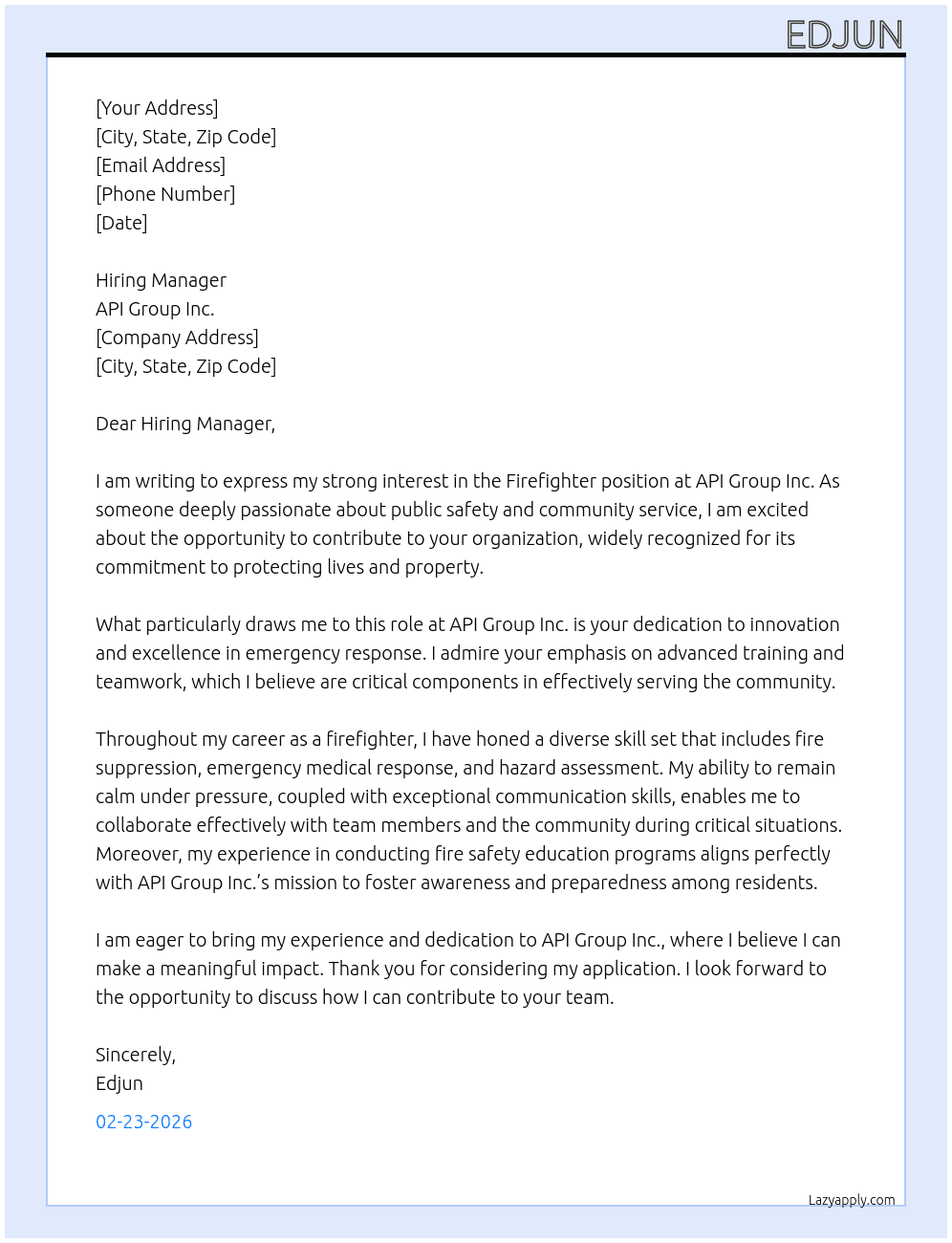 Firefighter At API Group Inc. Cover Letter