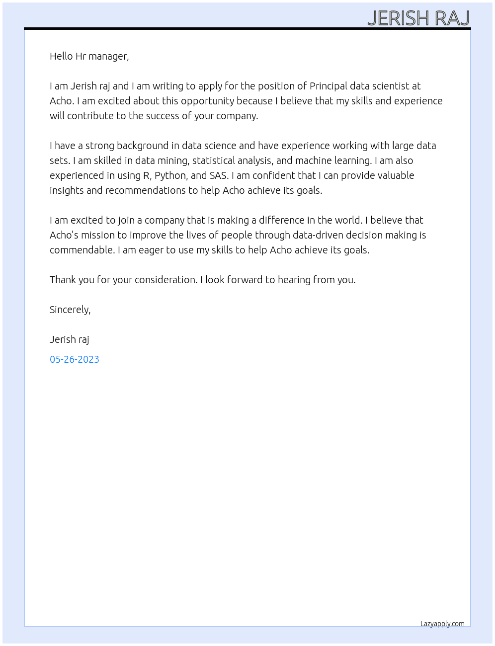 Principal fata scientist At Acho Cover Letter