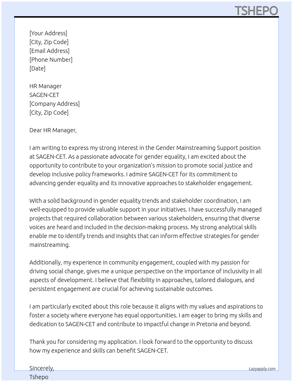 gender mainstreaming support At SAGEN-CET Cover Letter