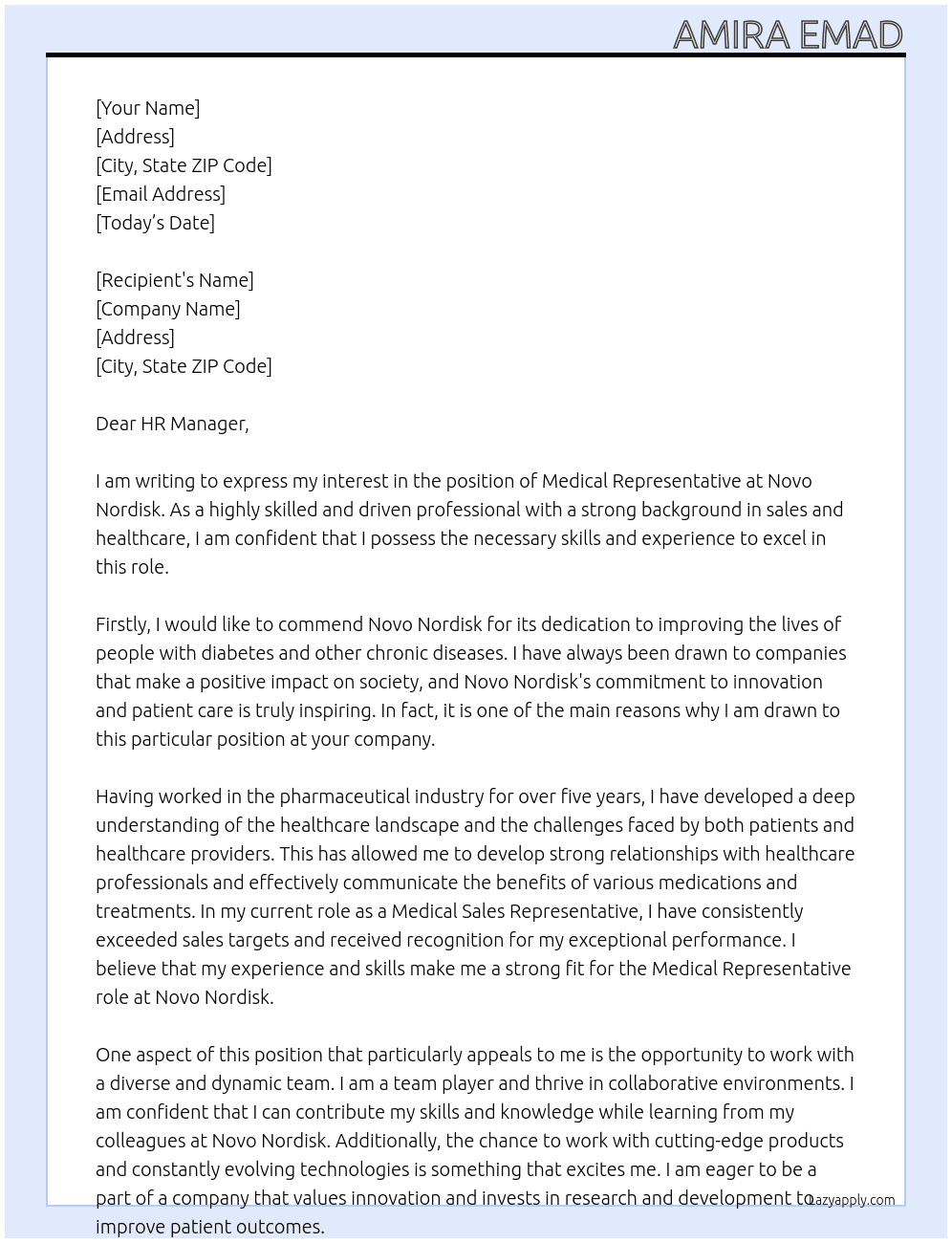 medical representative At novo-nordisk Cover Letter