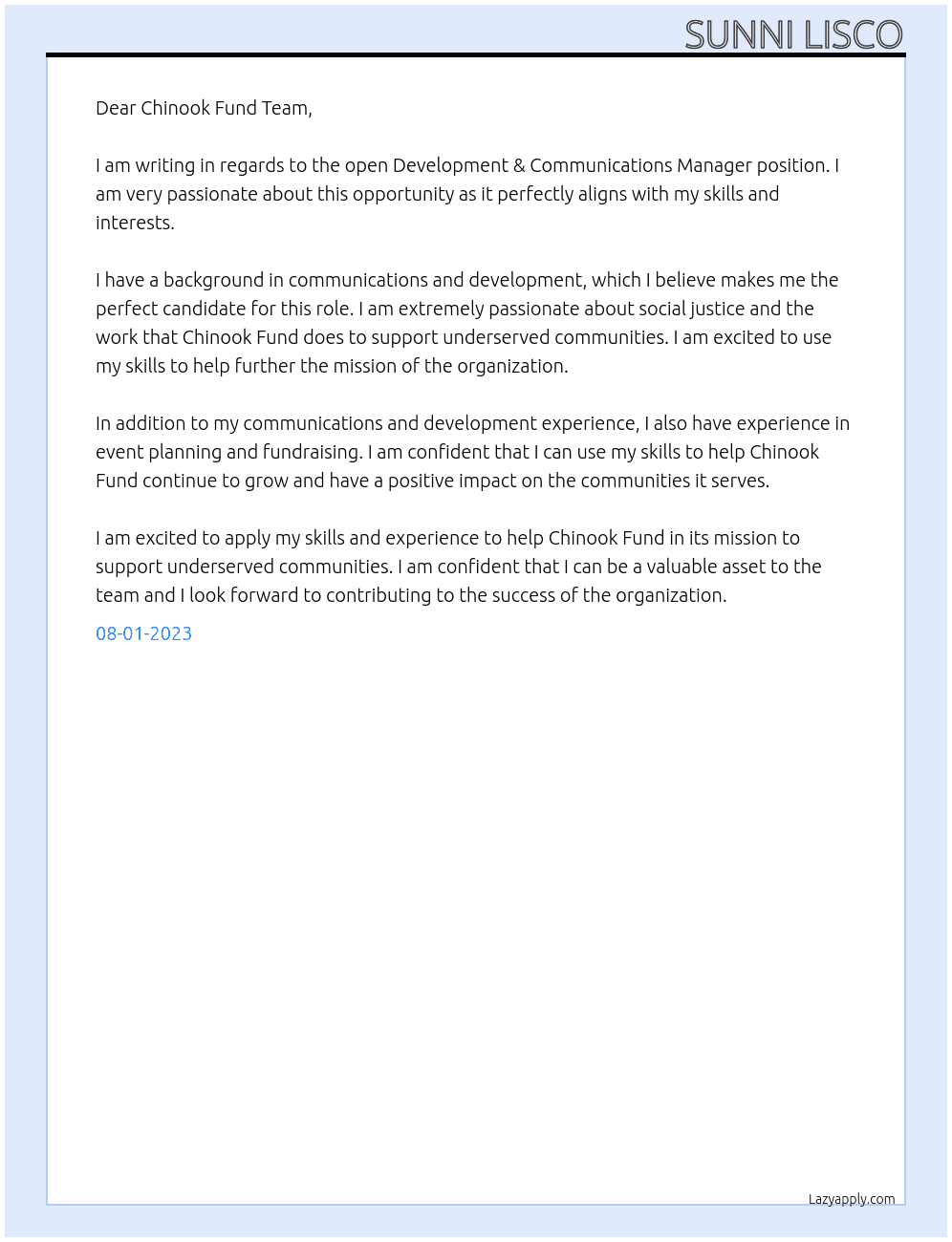 Development & Communications Manager At Chinook Fund Cover Letter