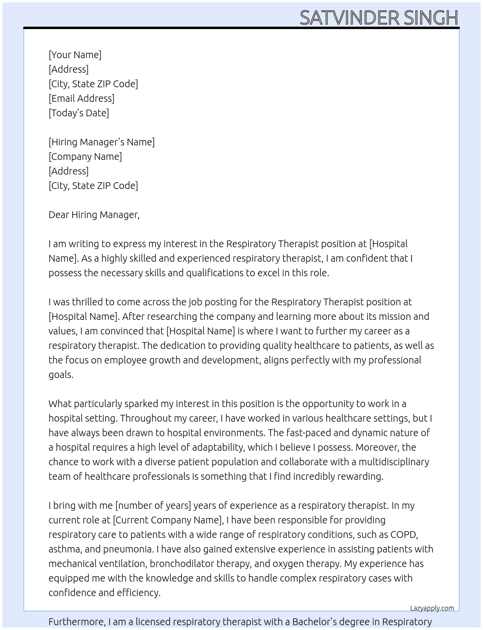 Respiratory therapist At hospital Cover Letter