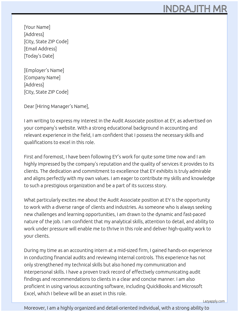 Audit associate  At EY Cover Letter