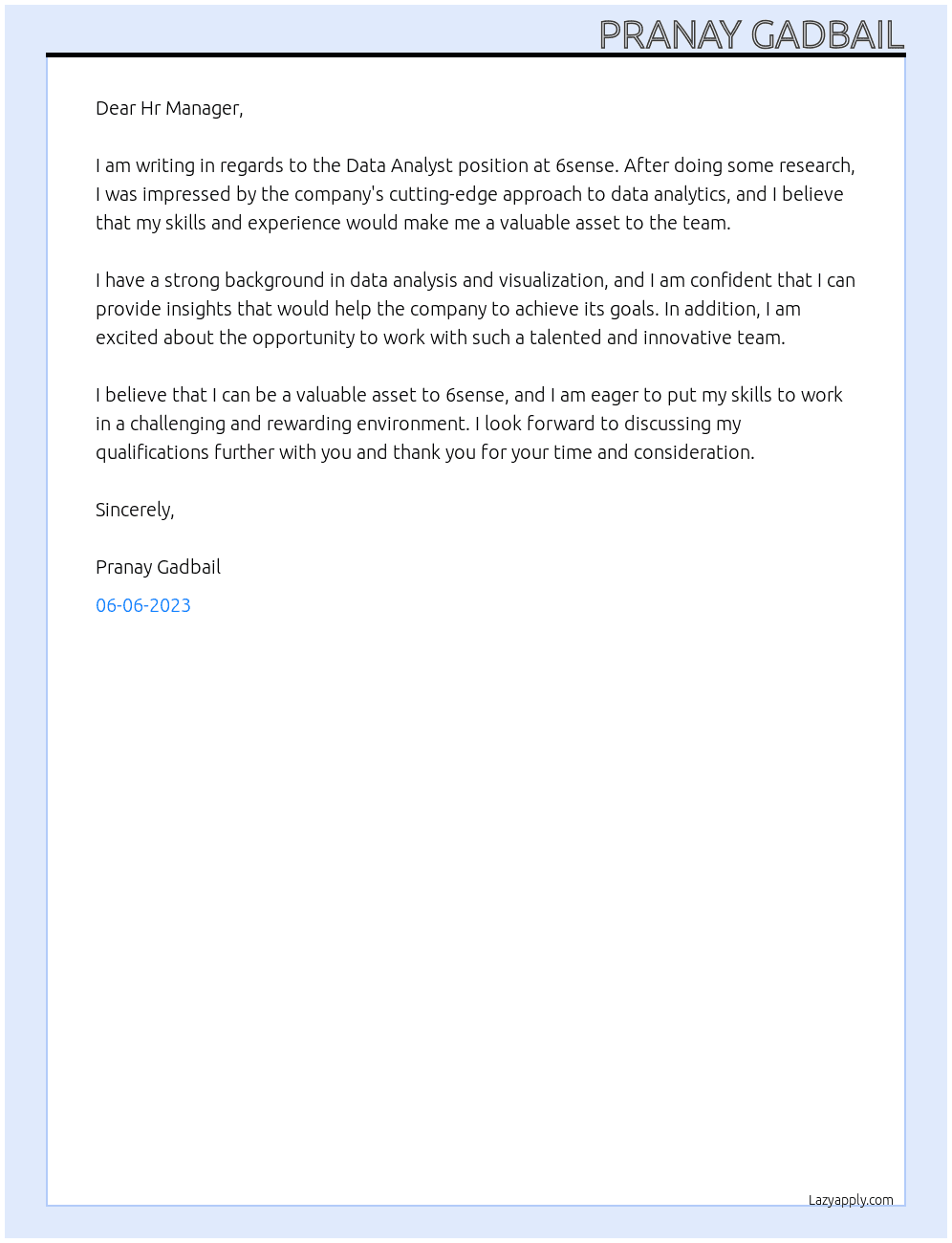 Data Analyst At 6sense Cover Letter