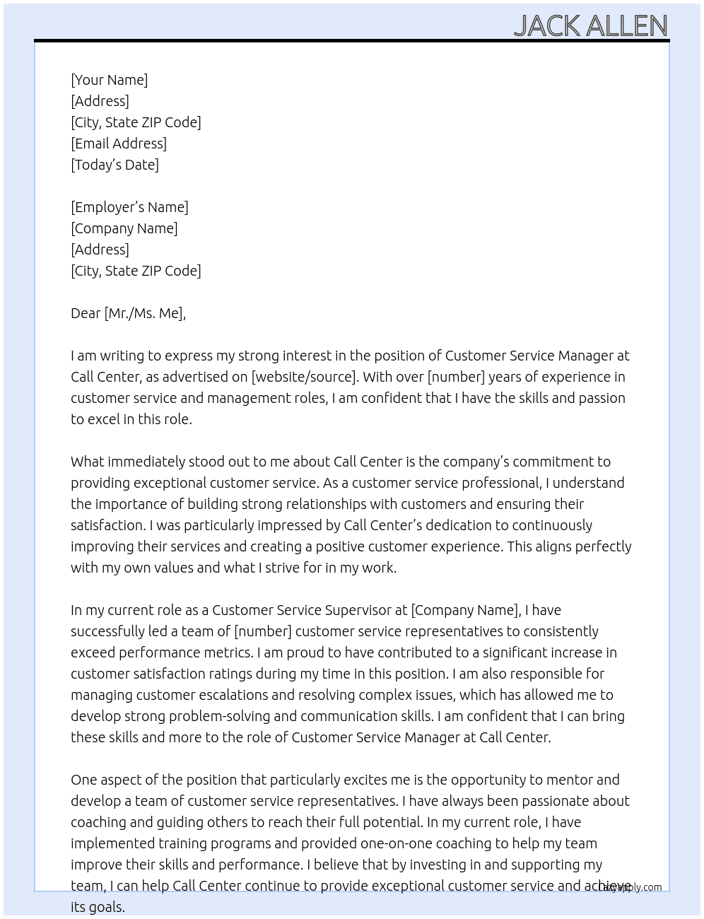 Customer Service Manager At Call Center Cover Letter