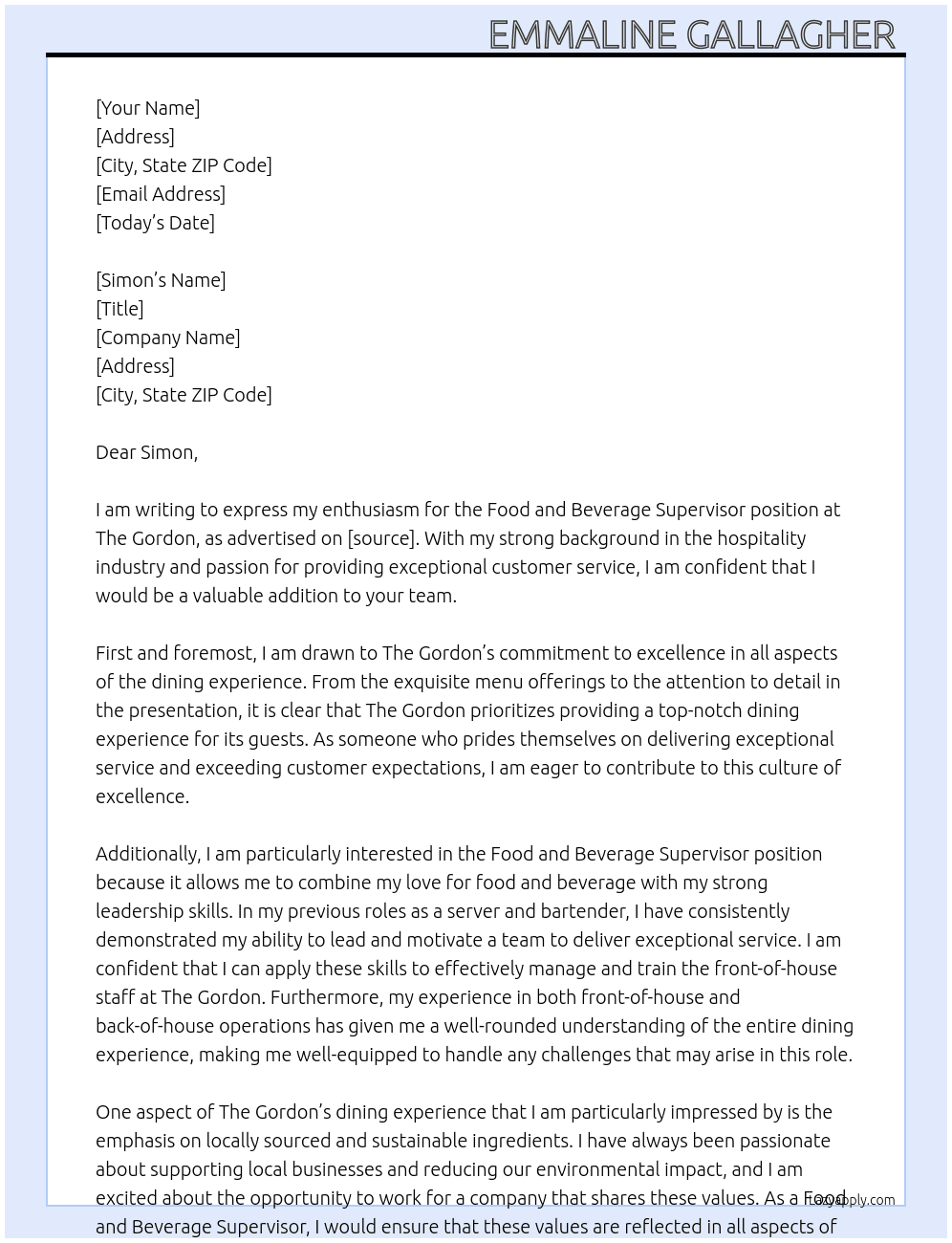 Food and Beverage Supervisor  At The Gordon  Cover Letter