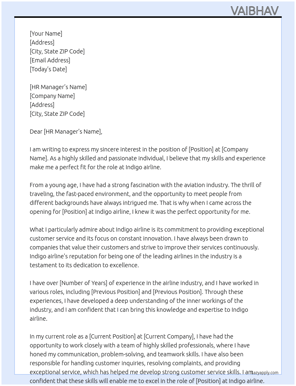 Indigo airline At Indigo airline Cover Letter