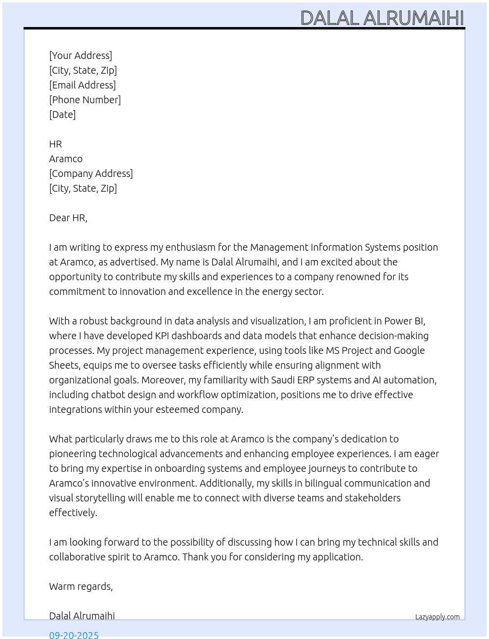 Management Information Systems At Aramco Cover Letter