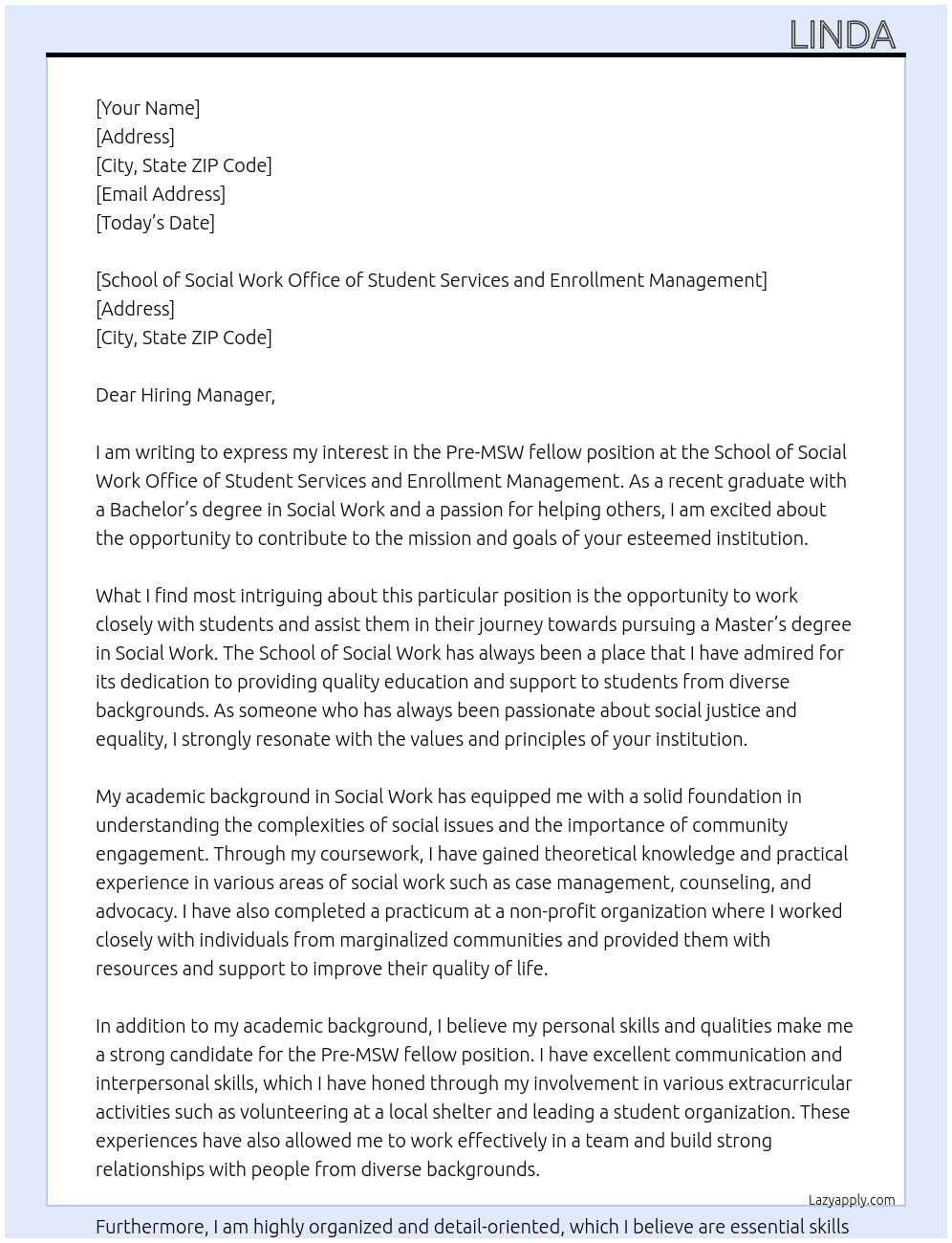 Cover letter for pre-msw fellow - LazyApply