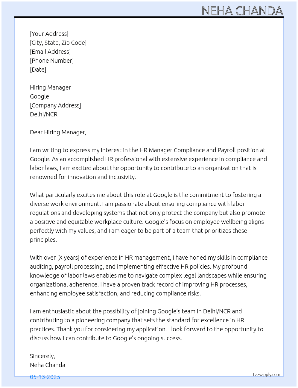 Cover letter for hr manager compliance,payroll - LazyApply