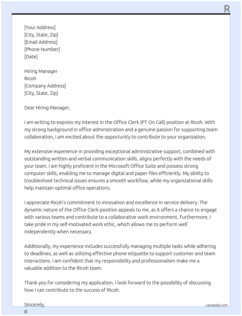 Office Clerk (PT On Call) At Ricoh Cover Letter
