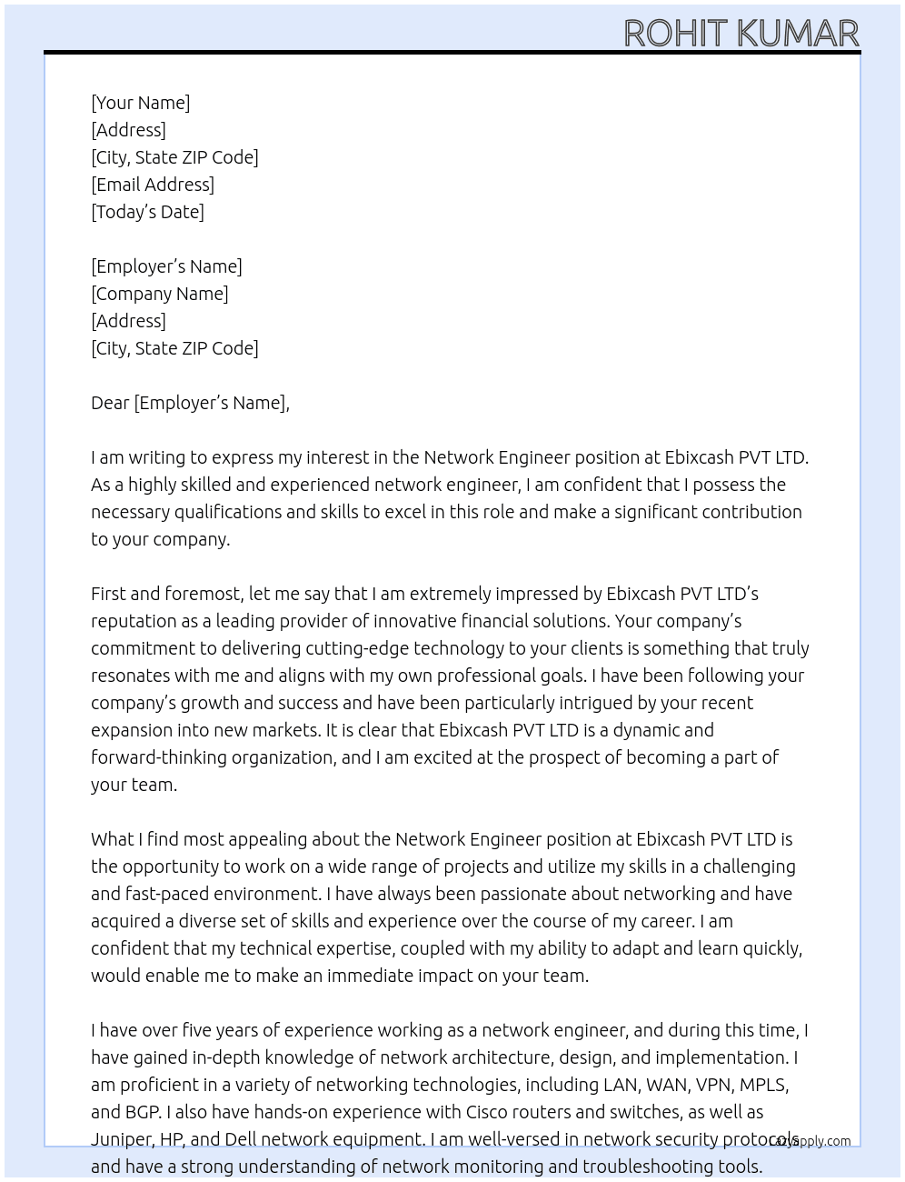 Network Engineer At Ebixcash PVT LTD Cover Letter