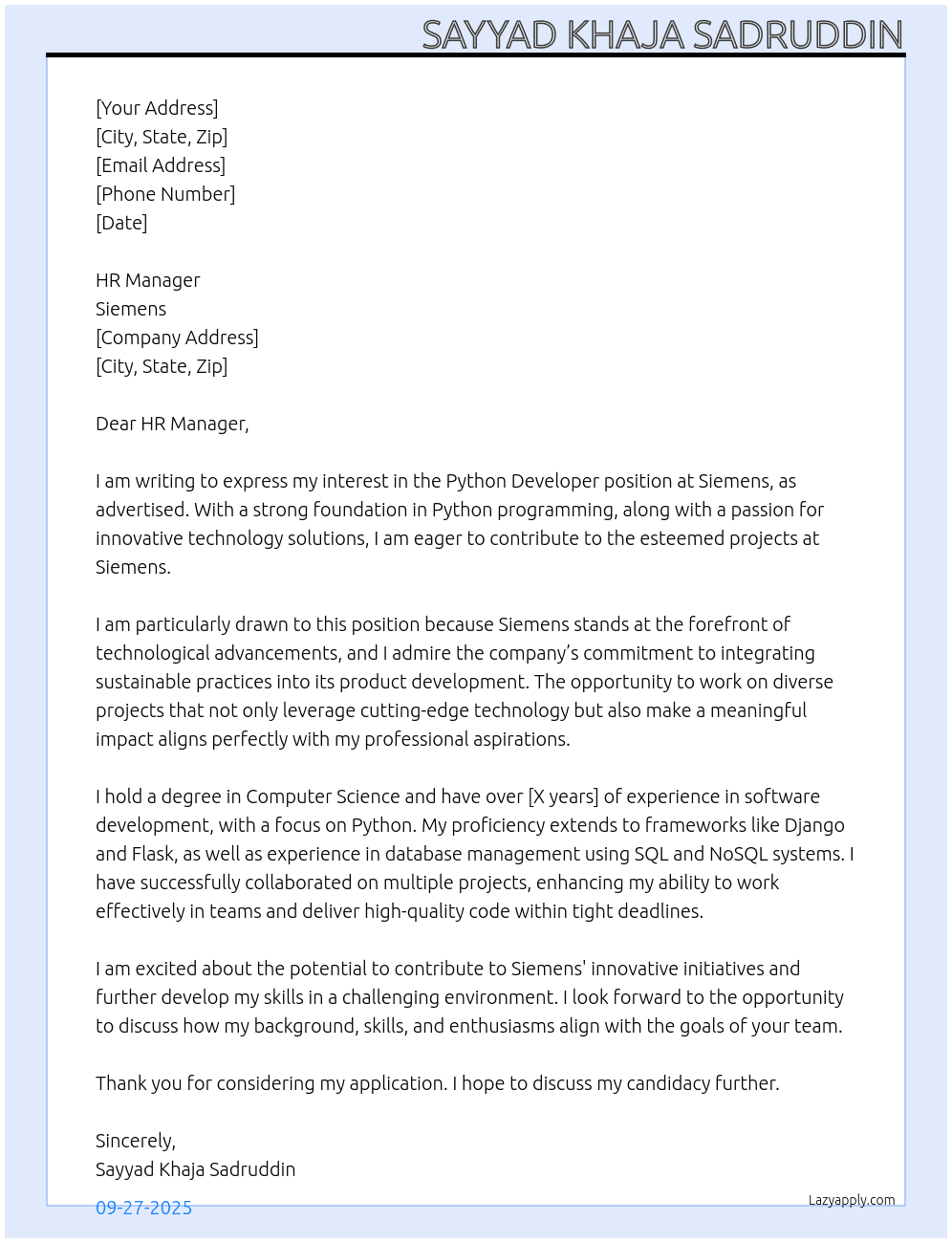 Python developer  At Siemens Cover Letter