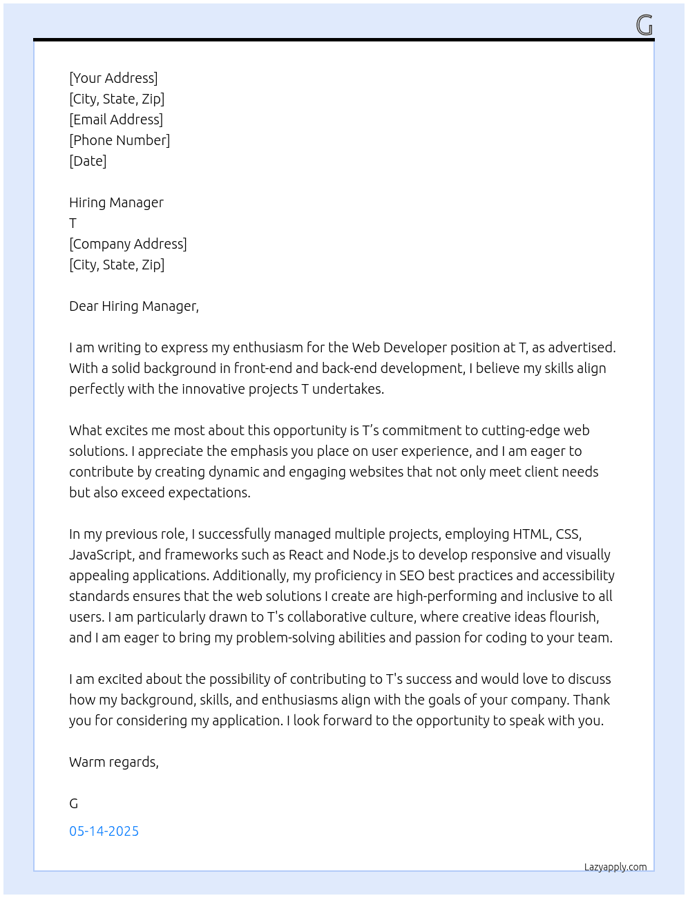 Web developer At T Cover Letter
